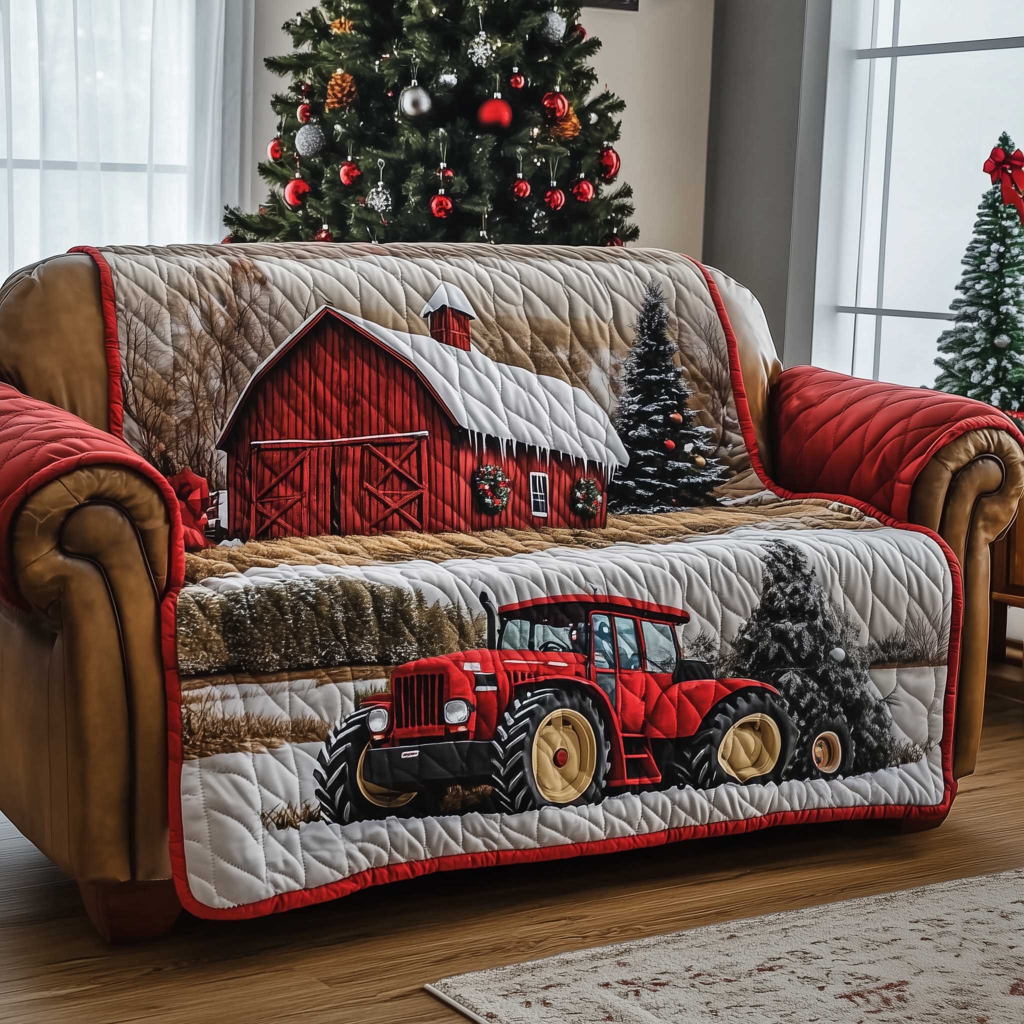 Tractor Quilted Sofa Cover Green and Red Verhicle Accent Tractor Gifts For Dad Farmers