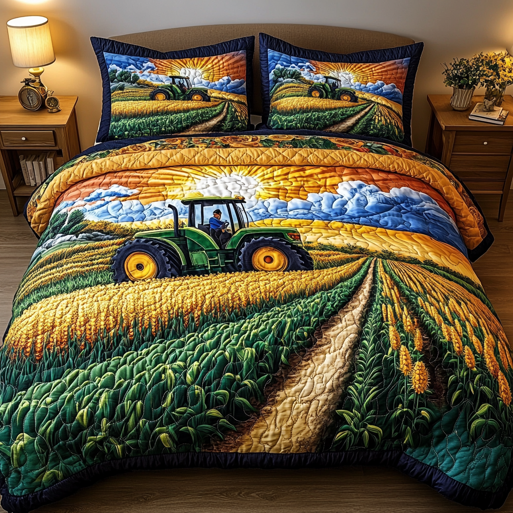 Tractor Sunrise Quilted Bedding Set Bedroom Decor Tractor Gifts Adults