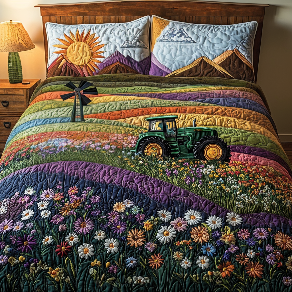 Tractor Windmill Quilted Bedding Set Best Bed Sheet Set Gifts For Tractor Lovers