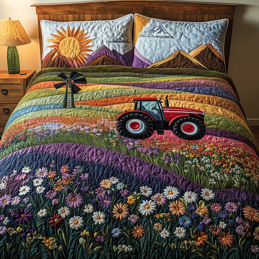 Tractor Windmill Quilted Bedding Set Cute Bedroom Decor Gifts For Tractor Owners