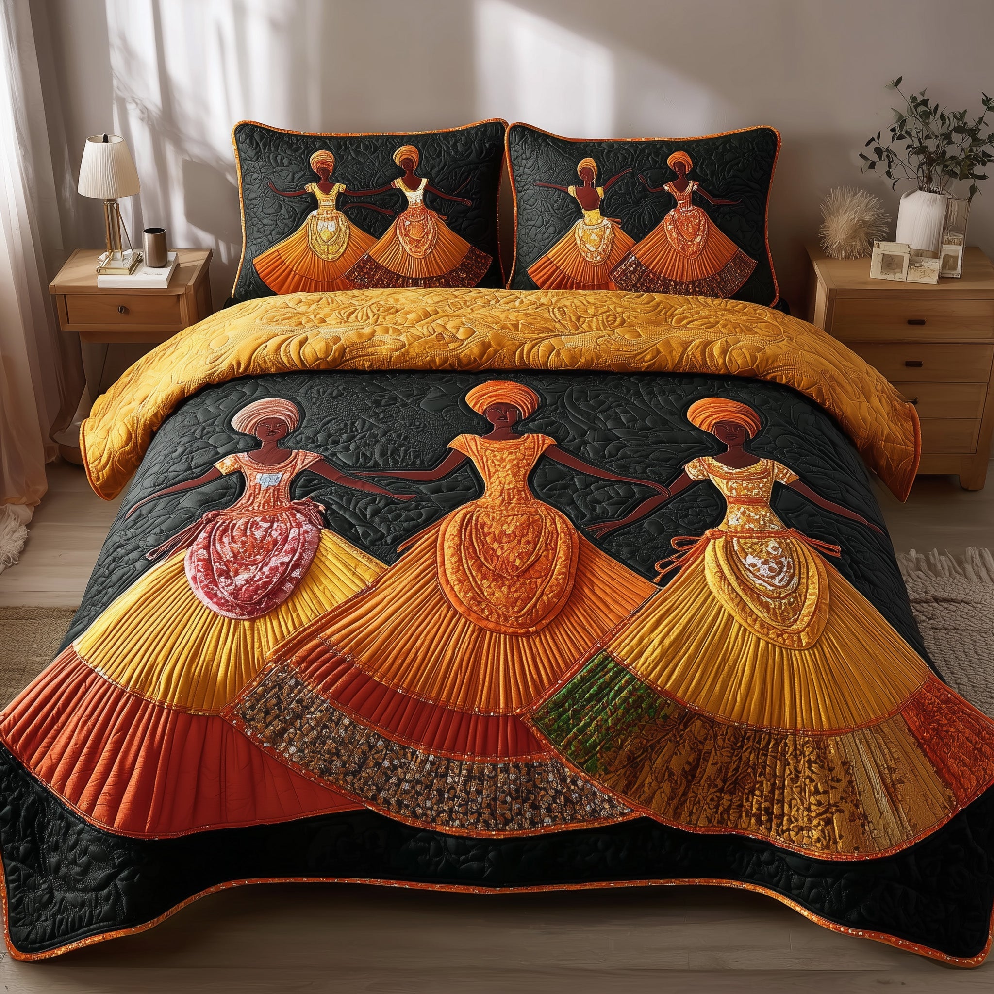 Traditional Dancing Quilted Bedding Set Duvet Cover Bedspread Melanin Gifts For Black Women