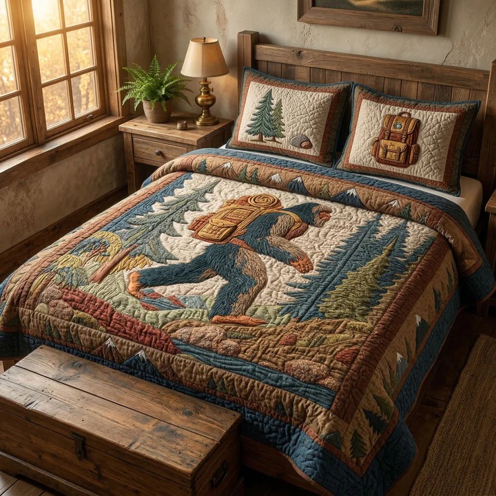 Trail Explorer Quilted Bedding Set Outdoor Cabin Bedroom Decor Gift For Hiking Lovers