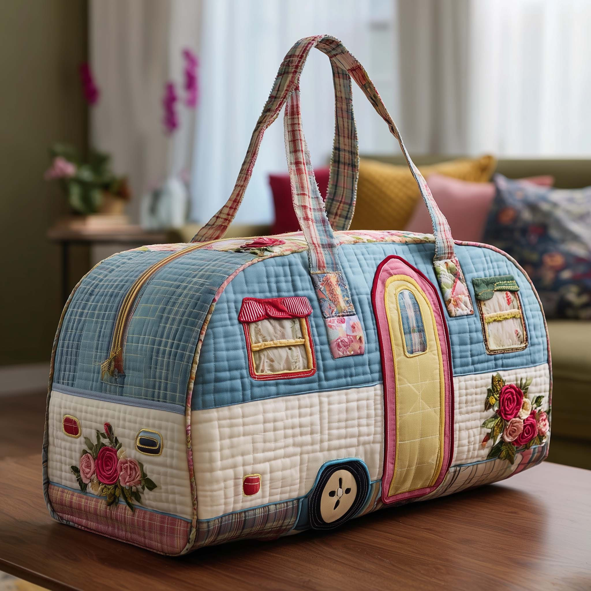 Trail Haven Camper Quilted Duffle Bag Pink Floral Rose Camper Travel Bag Best Gift For Campers