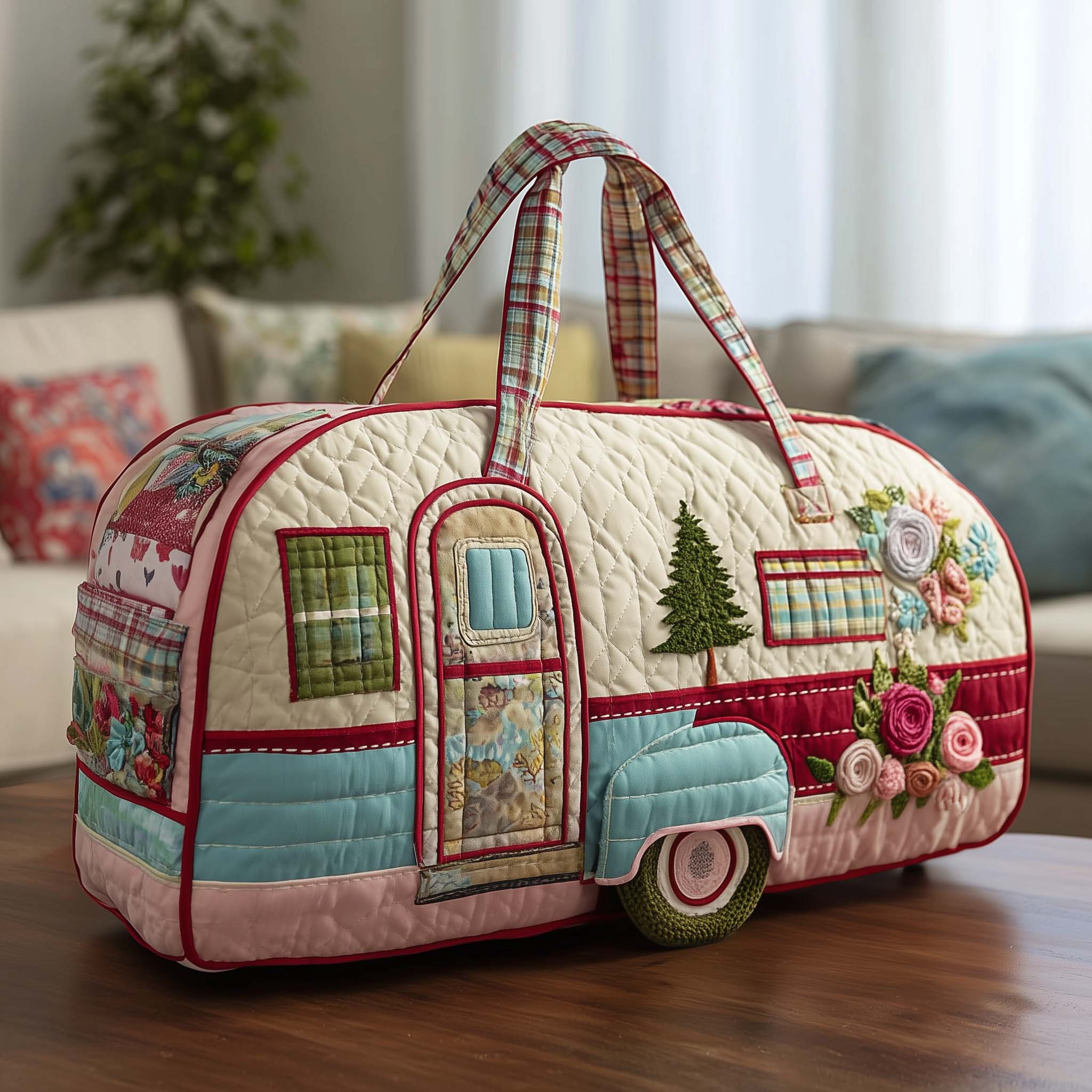 Trail Haven Camper Quilted Duffle Bag Pink Rose Floral Pine Tree Travel Bag Best Gift For Campers