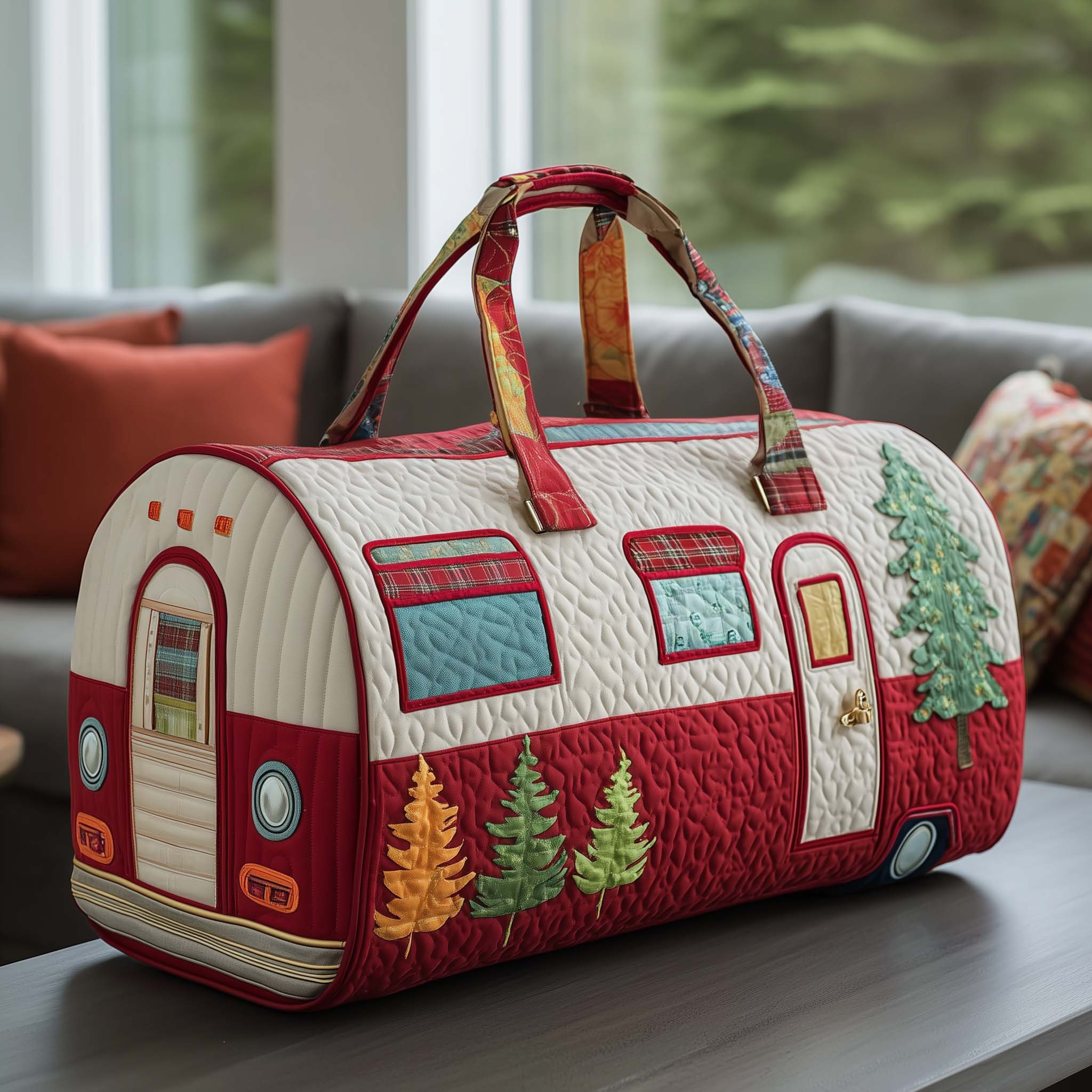 Trail Haven Camper Quilted Duffle Bag Red Autumn Pine Tree Travel Bag Best Camping Gift For Her
