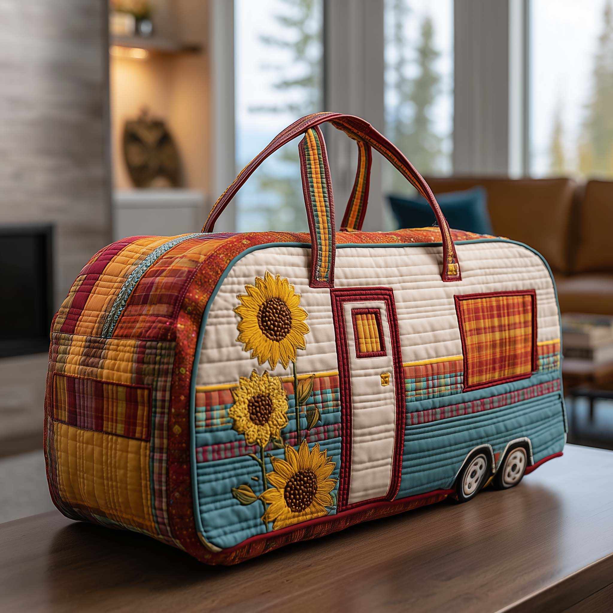 Trail Haven Camper Quilted Duffle Bag Sunflower Patchwork Plaid Travel Bag Best Gift For Camper Lovers