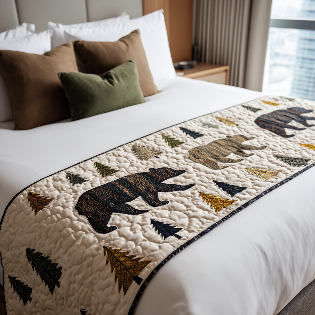 Trail of the Bear Quilted Bed Runner Rustic Room Decor Gift Ideas For Wildlife Lovers