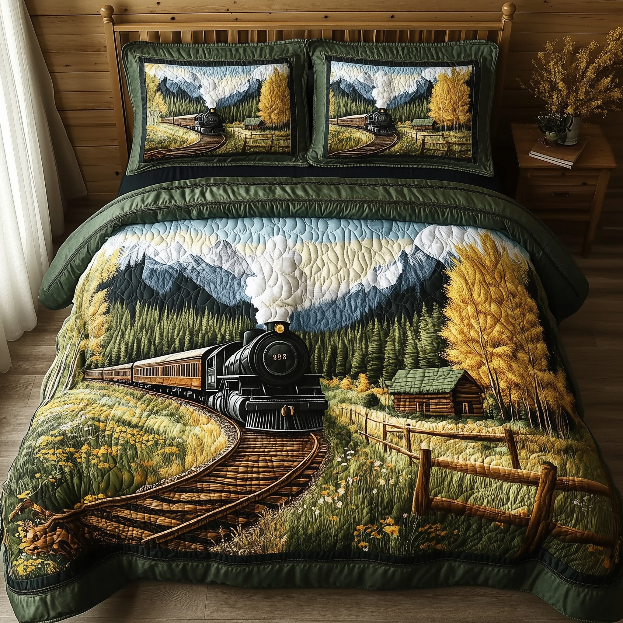 Train Forest Trails Quilted Bedding Set Duvet Cover Merchandise Gifts For Men Who Like Trains