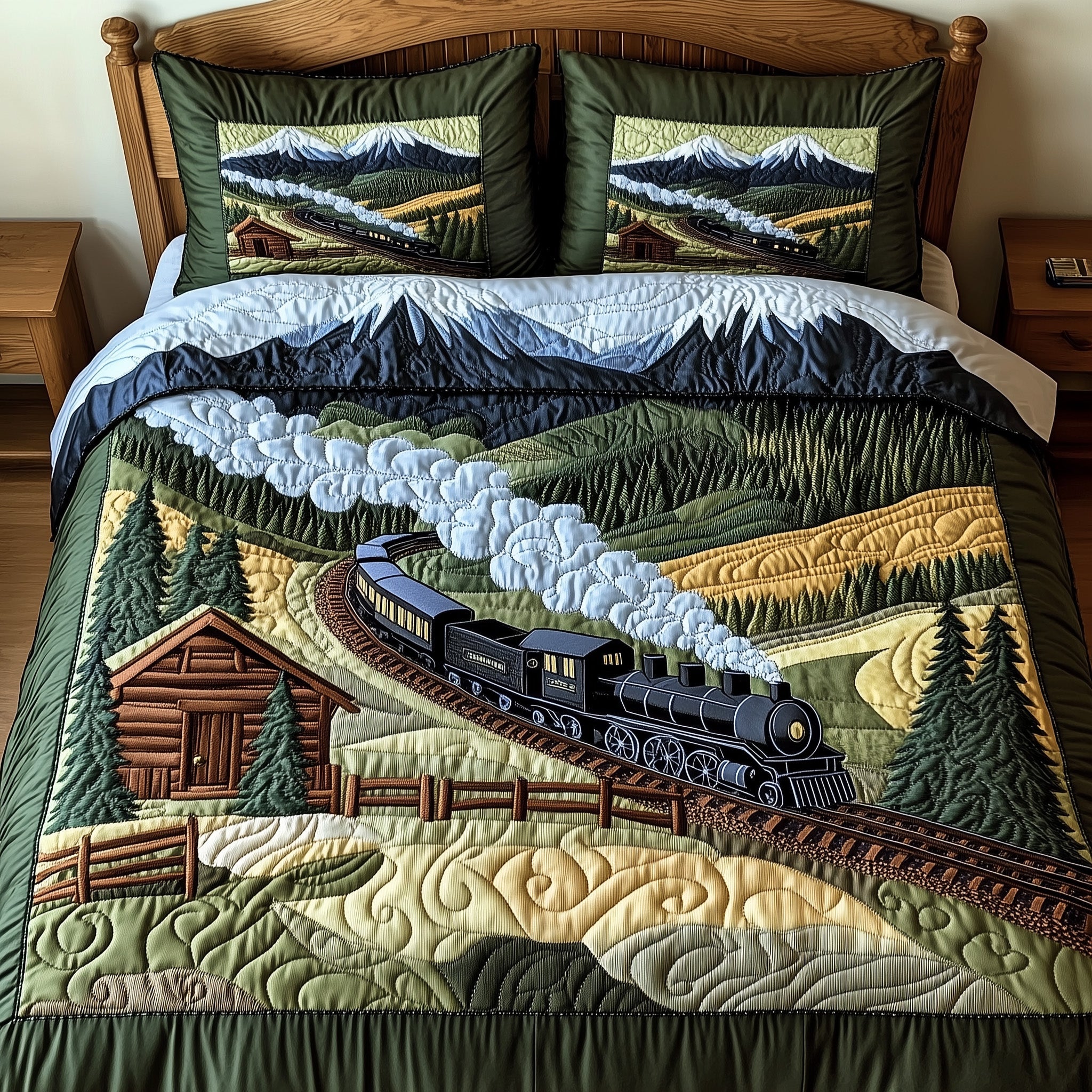 Train Forest Trails Quilted Bedding Set Duvet Cover Merchandise Gifts For Train Enthusiasts