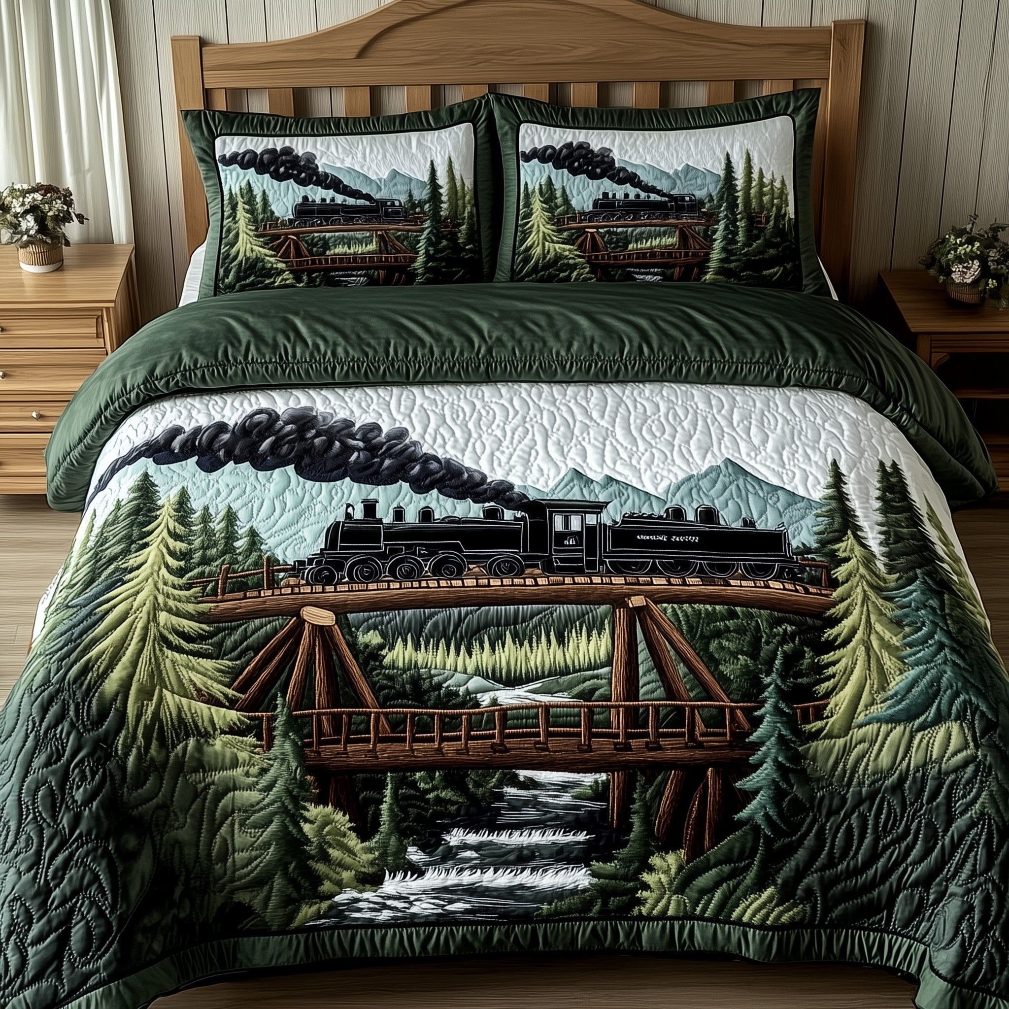 Train Forest Trails Quilted Bedding Set Duvet Cover Merchandise Presents For Train Lovers