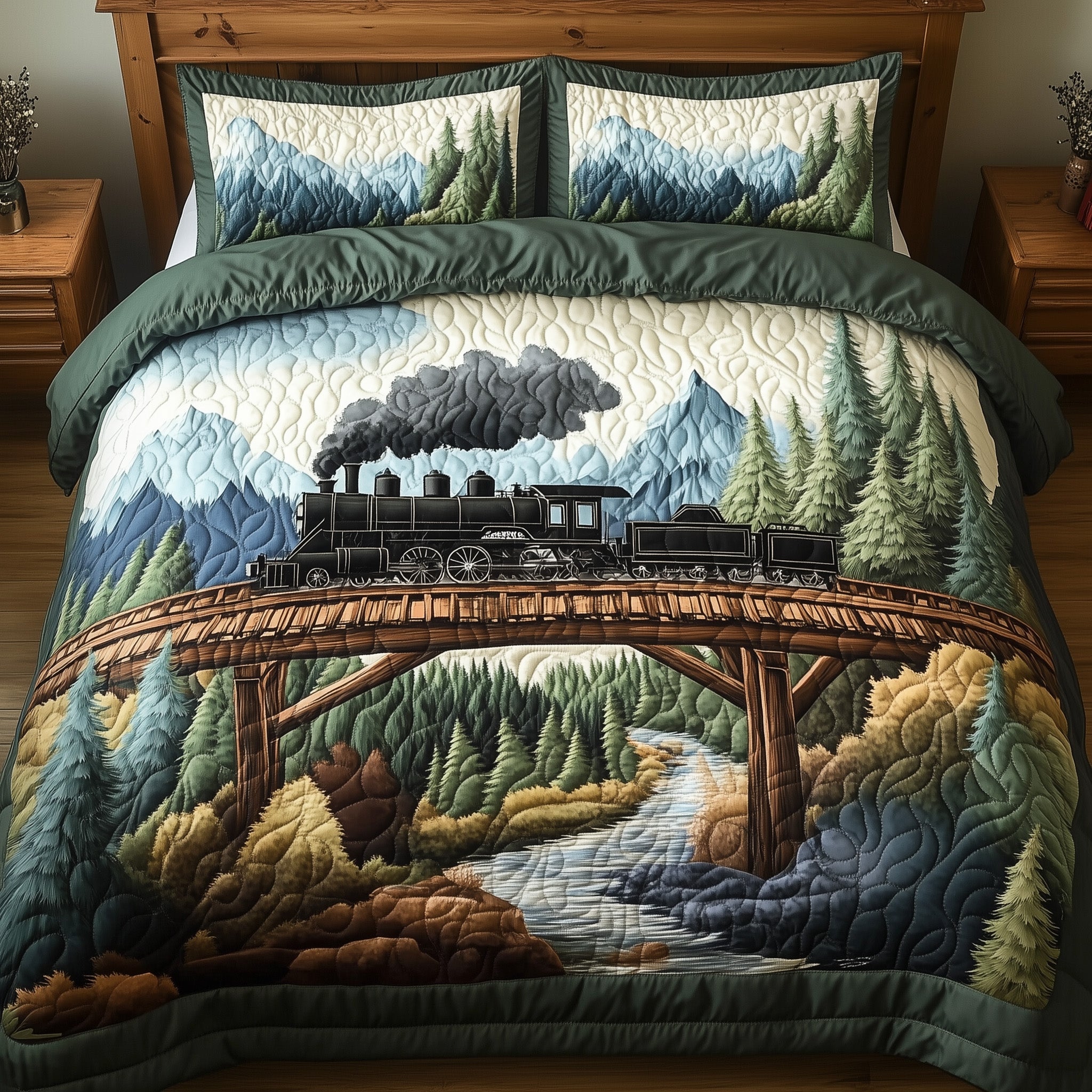 Train Forest Trails Quilted Bedding Set Duvet Cover Merchandise Train Gifts For Adults