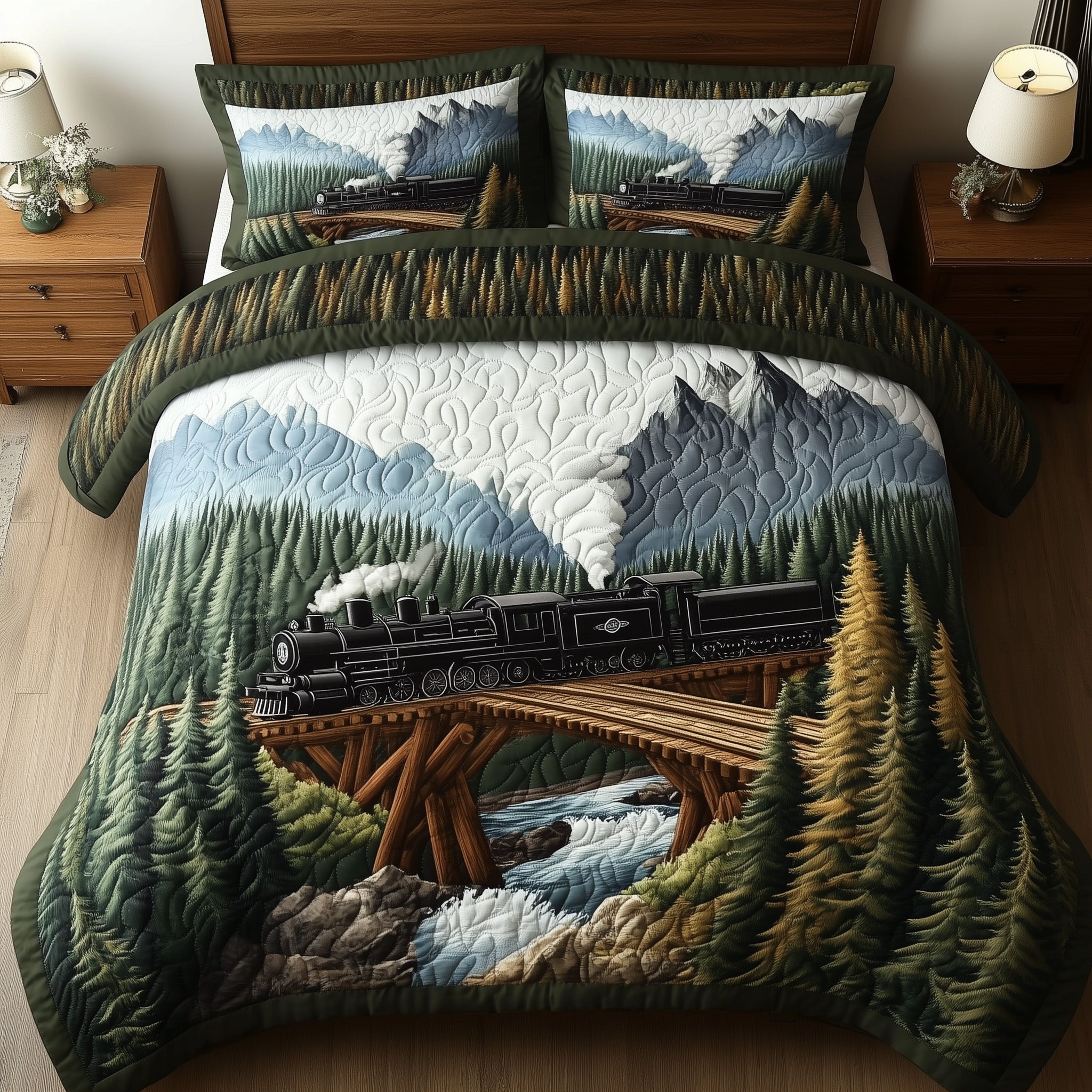 Train Forest Trails Quilted Bedding Set Duvet Cover Merchandise Train Gifts For Dad