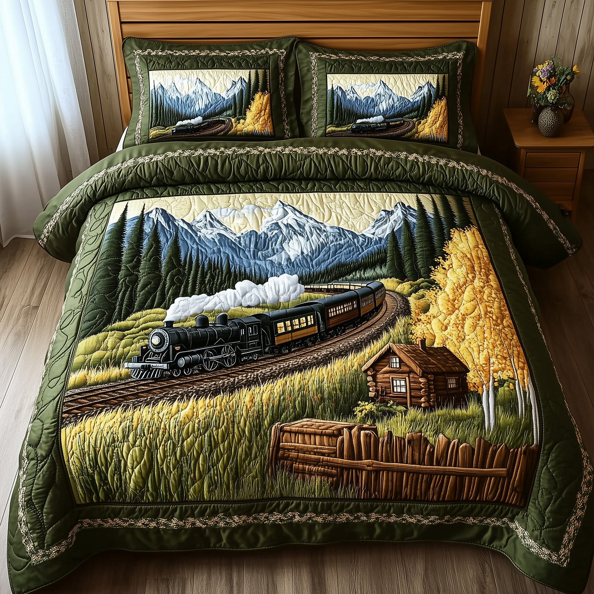 Train Forest Trails Quilted Bedding Set Duvet Cover Merchandise Train Related Gifts