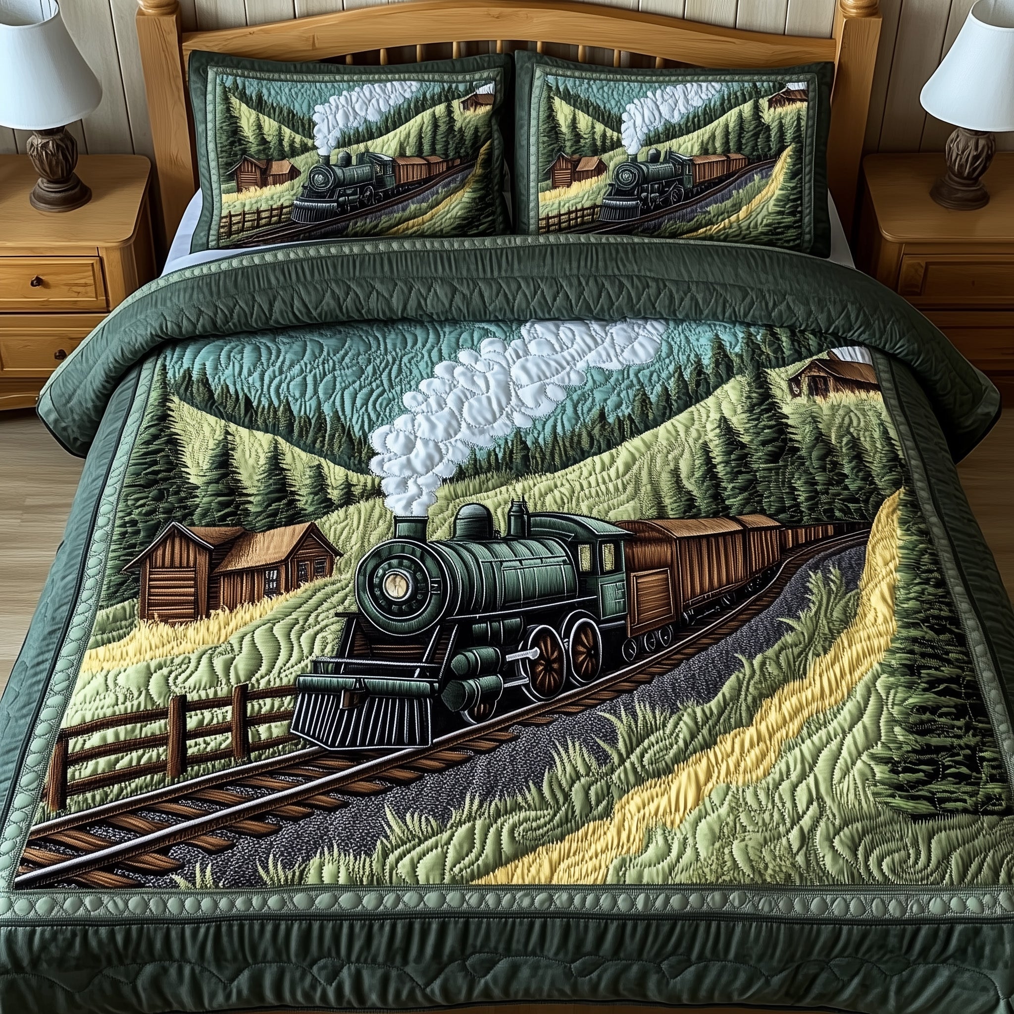 Train Forest Trails Quilted Bedding Set Duvet Cover Merchandise Train Themed Gifts