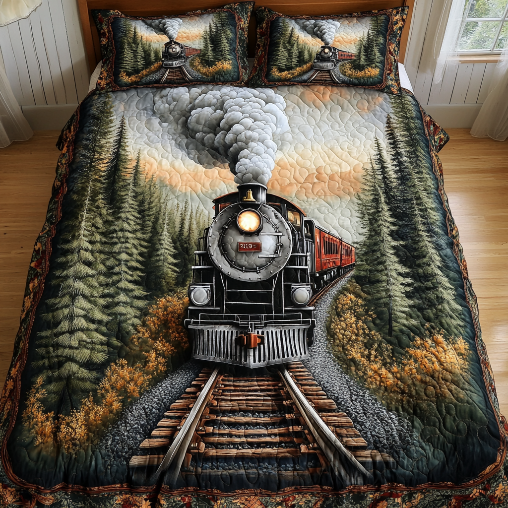 Train Journey Quilted Bedding Set Bed Decor Unique Gifts For Train Lovers