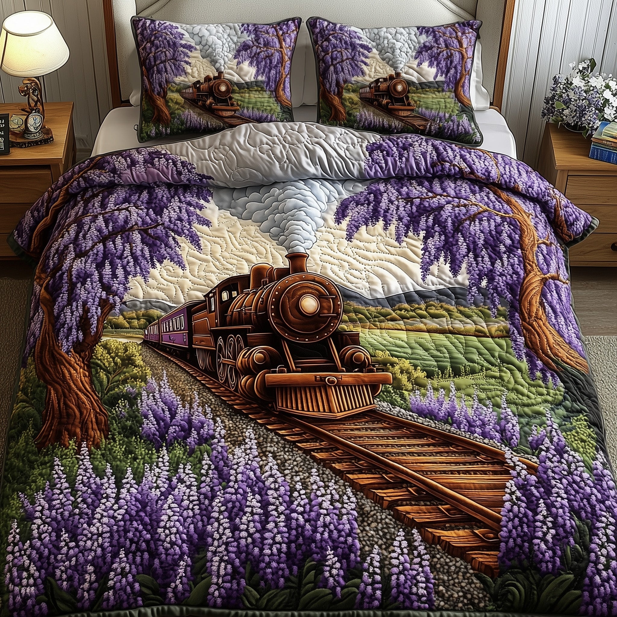 Train Journey Quilted Bedding Set Duvet Cover Merchandise Gifts For Men Who Like Trains