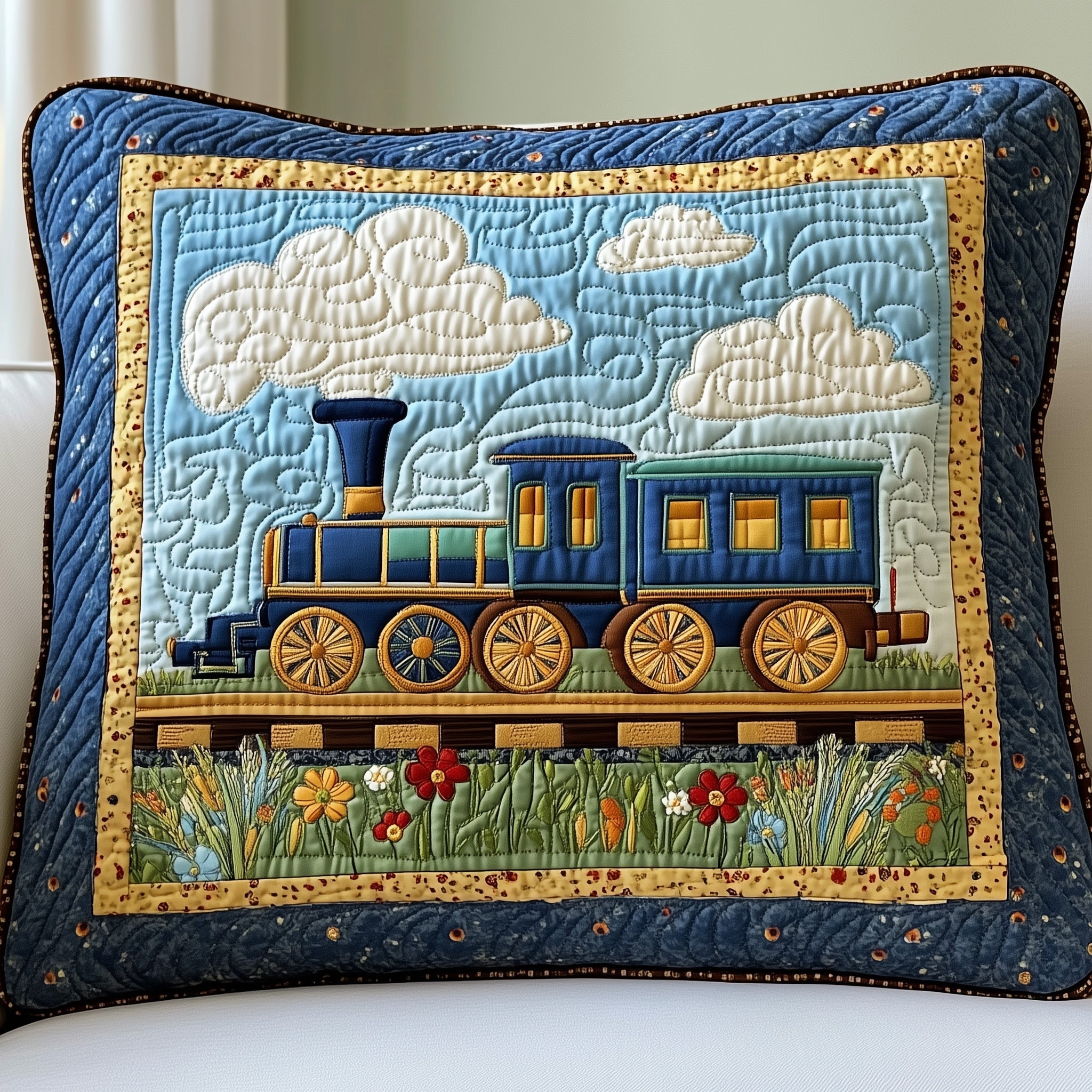 Train Quilted Pillow Case Square Pillow Cushion CoverGifts For People Who Love Trains
