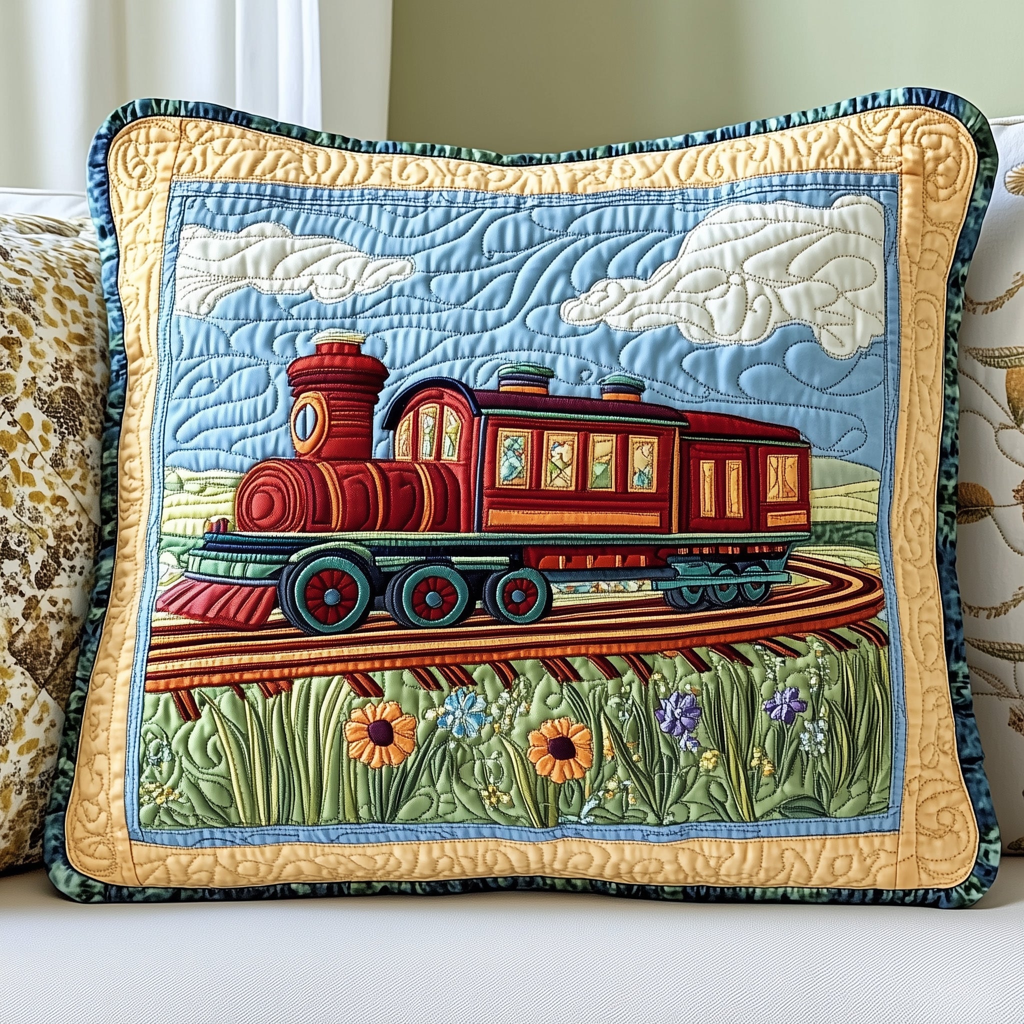 Train Quilted Pillow Case Square Pillow Cushion CoverPresents For Train Enthusiasts