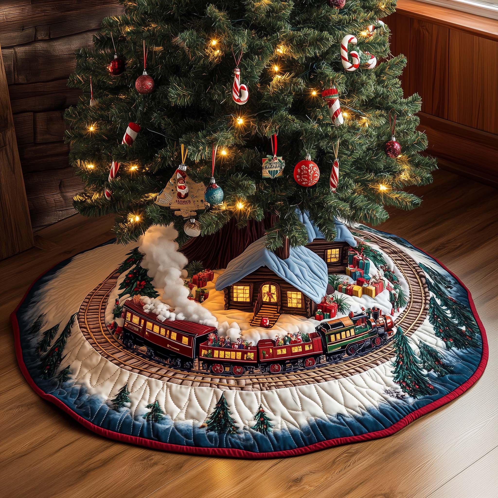 Train Quilted Tree Skirt Great Christmas Decor Merch Ideas For Train Lovers