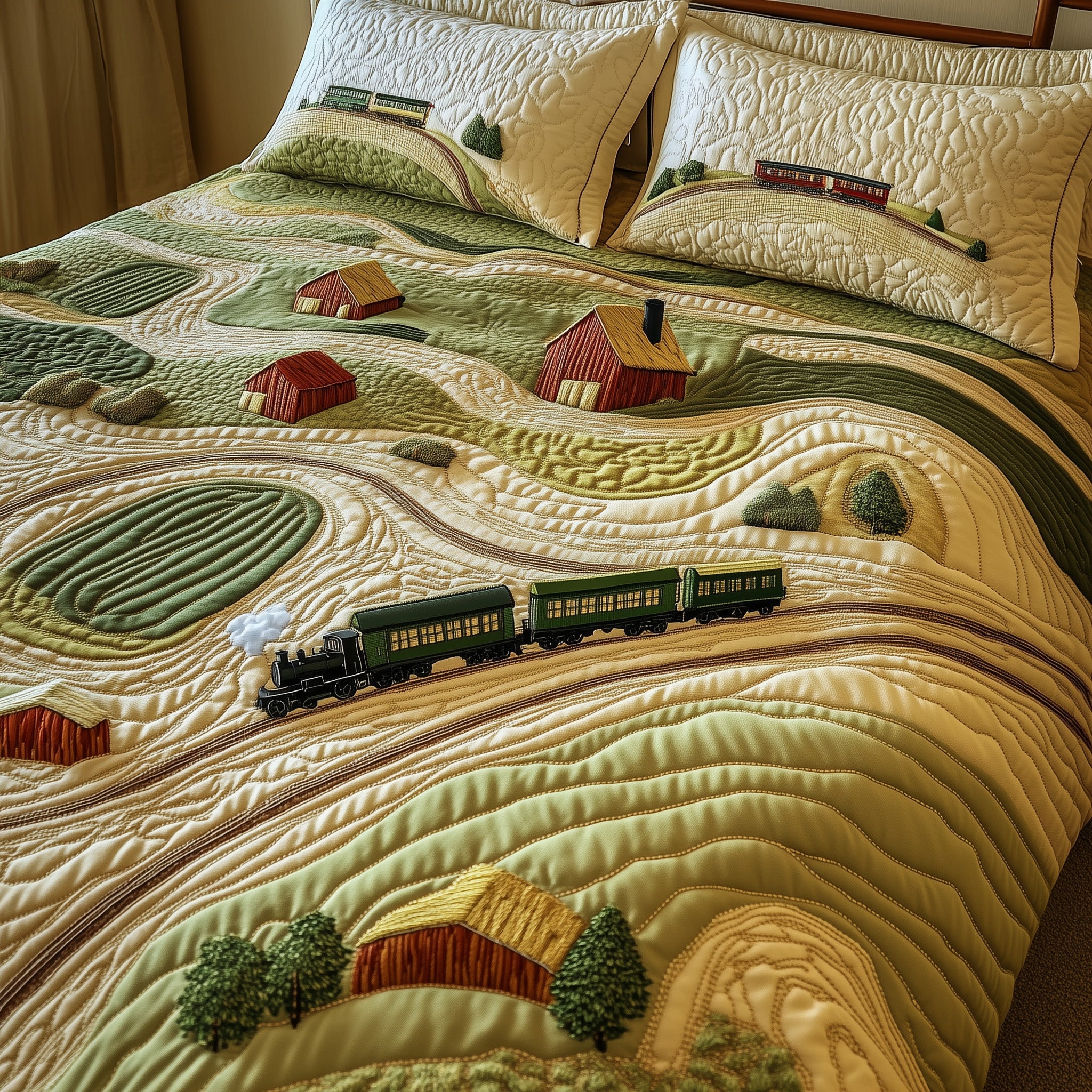 Train Through Meadows Quilted Bedding Set Duvet Cover Merchandise Train Related Gifts