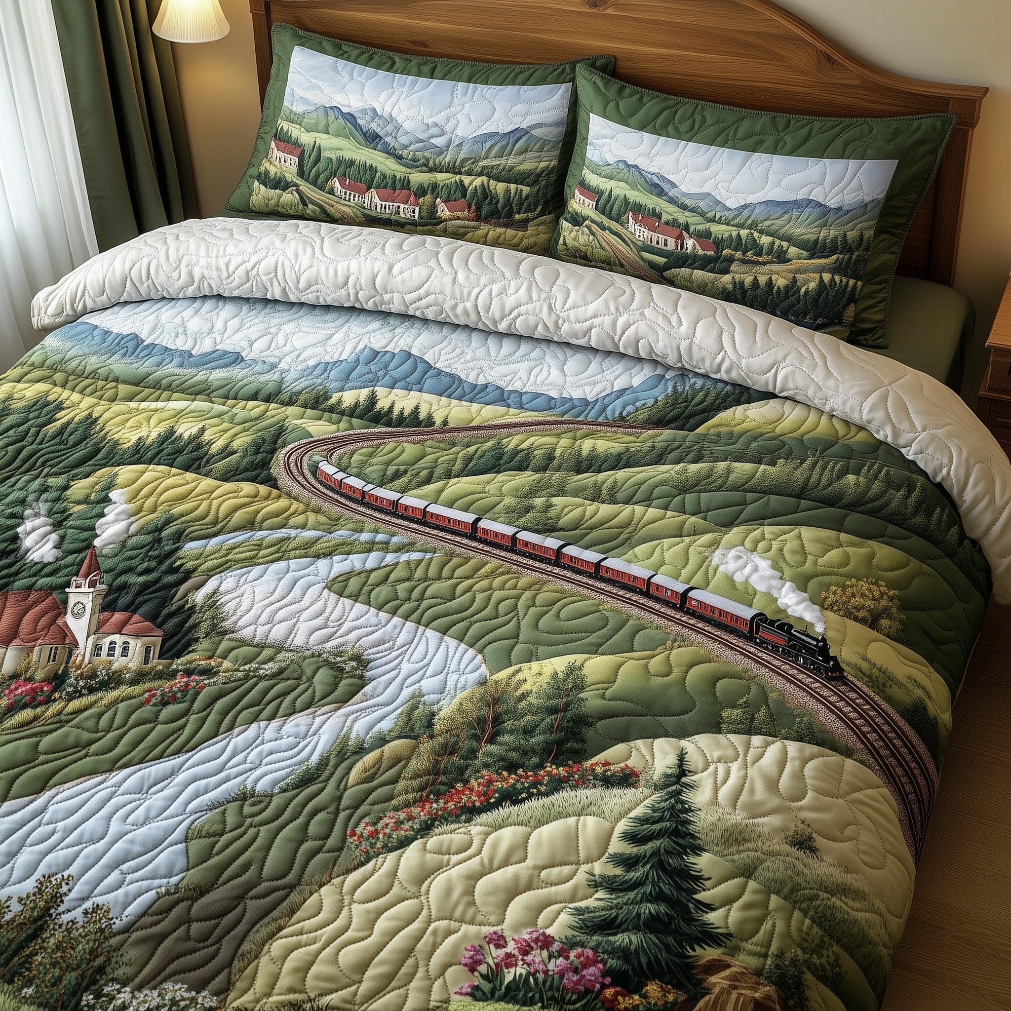 Train Through Paradise Quilted Bedding Set Duvet Cover Merchandise Gifts For People Who Love Trains