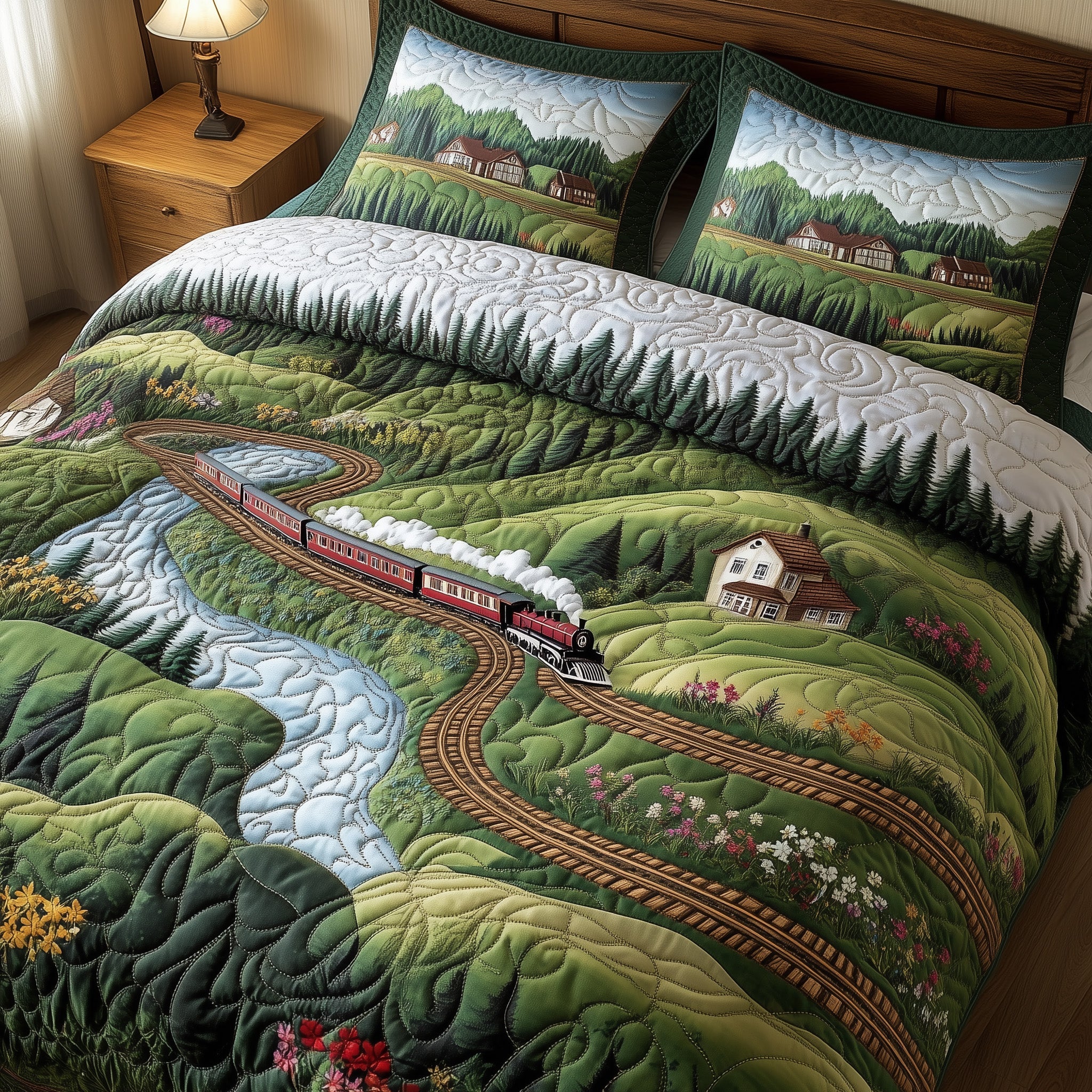 Train Through Paradise Quilted Bedding Set Duvet Cover Merchandise Gifts For Train Lovers