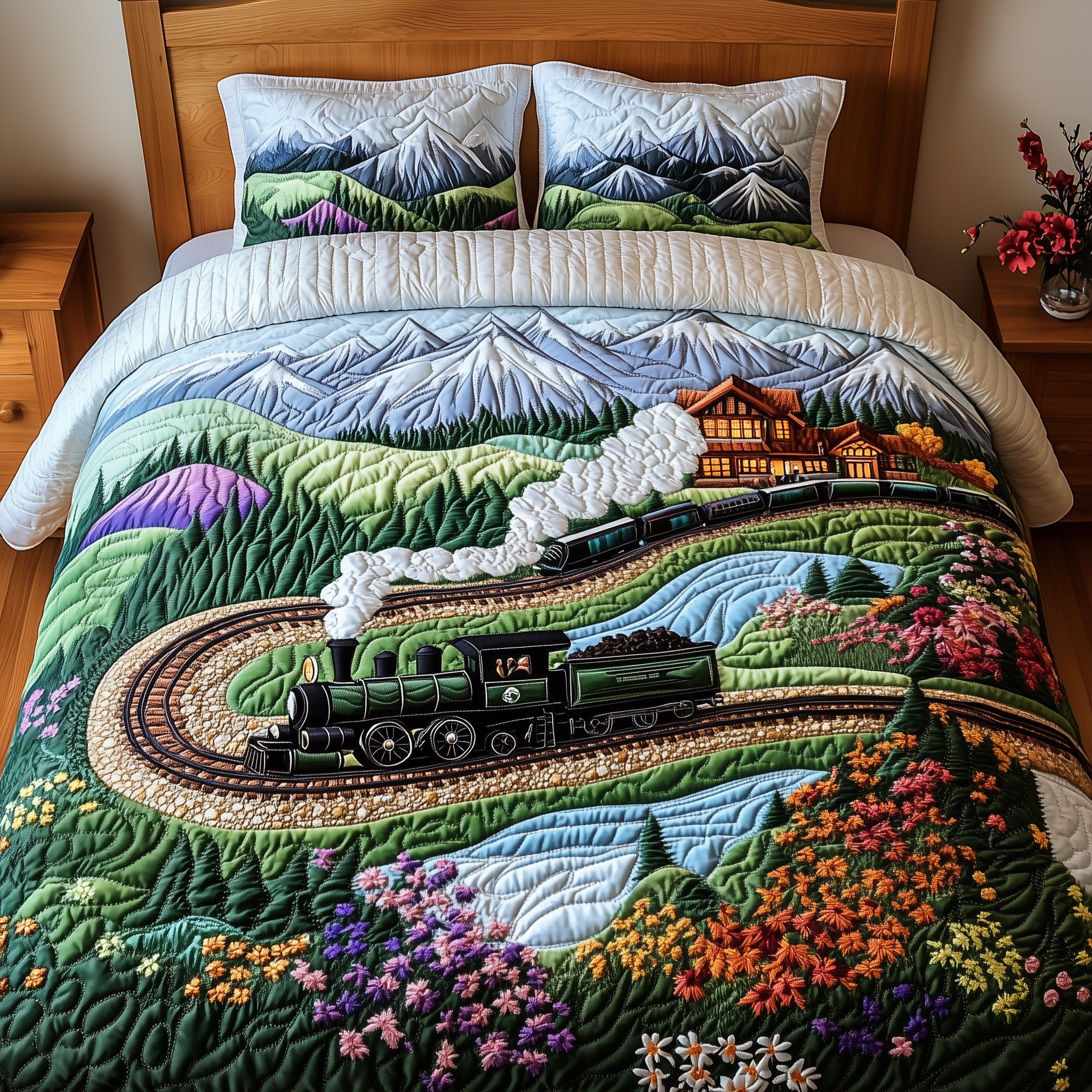 Train To Paradise Quilted Bedding Set Duvet Cover Bedspread Cool Train Gift Ideas