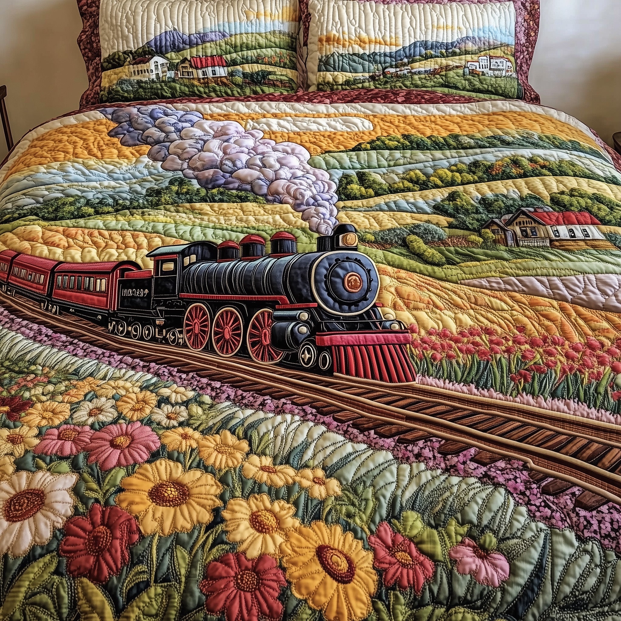 Train To Paradise Quilted Bedding Set Duvet Cover Bedspread Gifts For Train Lovers Adults