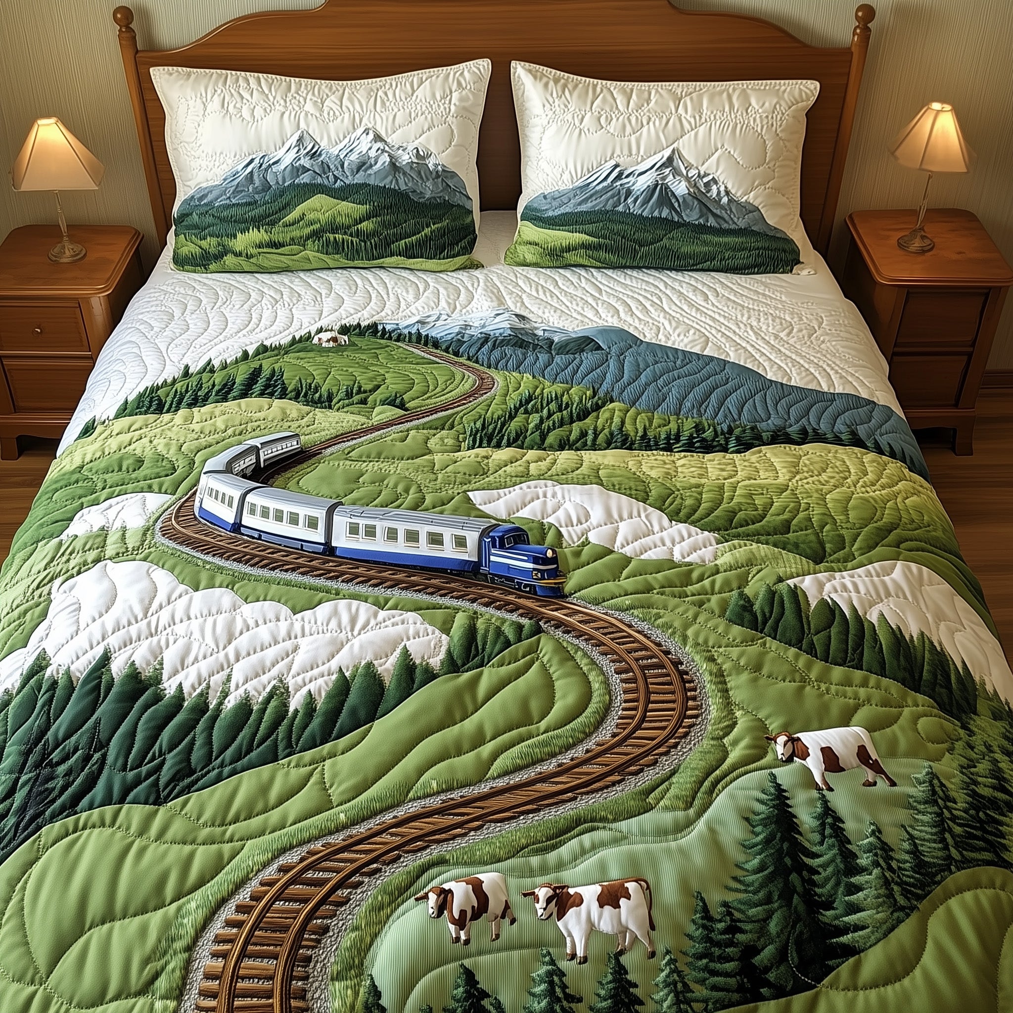 Train To Paradise Quilted Bedding Set Machine Washable