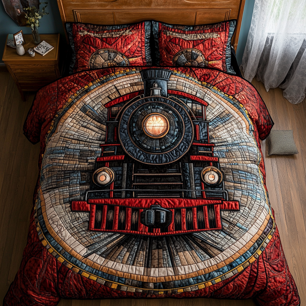 Train Tracks Quilted Bedding Set Bedspread Set Gifts For Men Who Like Trains