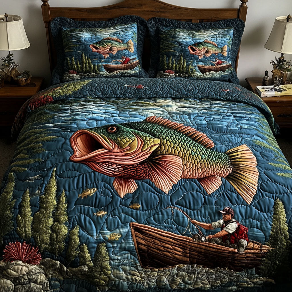 Tranquil Bass Quilted Bedding Set Aesthetic Room Decor Good Fishing Gifts