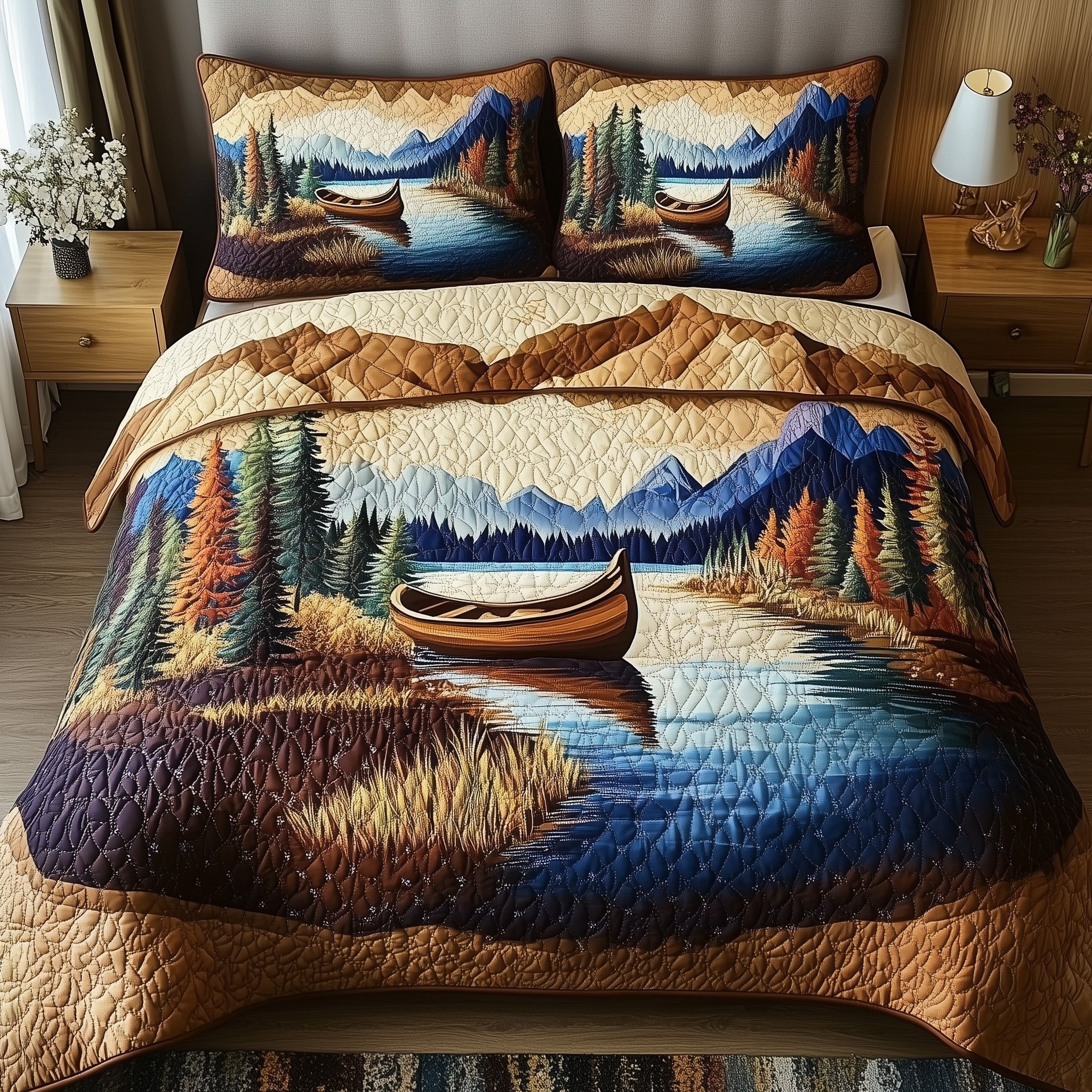 Tranquil Canoe Quilted Bedding Set Duvet Cover Bed Sheet Gifts For Mom From Daughter
