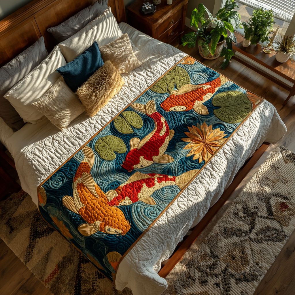 Tranquil Koi Quilted Bed Runner Cool Bedroom Decor Koi Fish Gifts