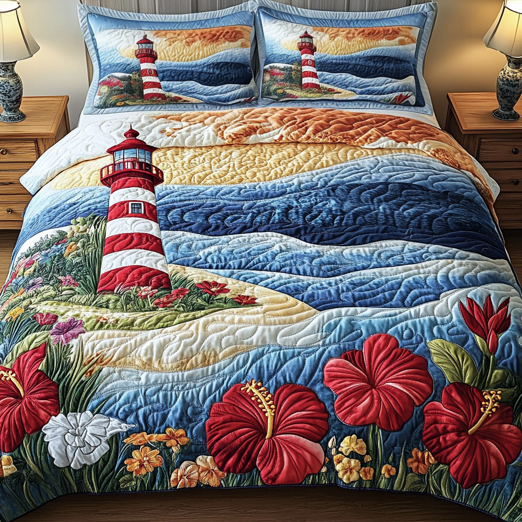 Tranquil Lighthouse Quilted Bedding Set Bed Decor Best Lighthouse Gifts