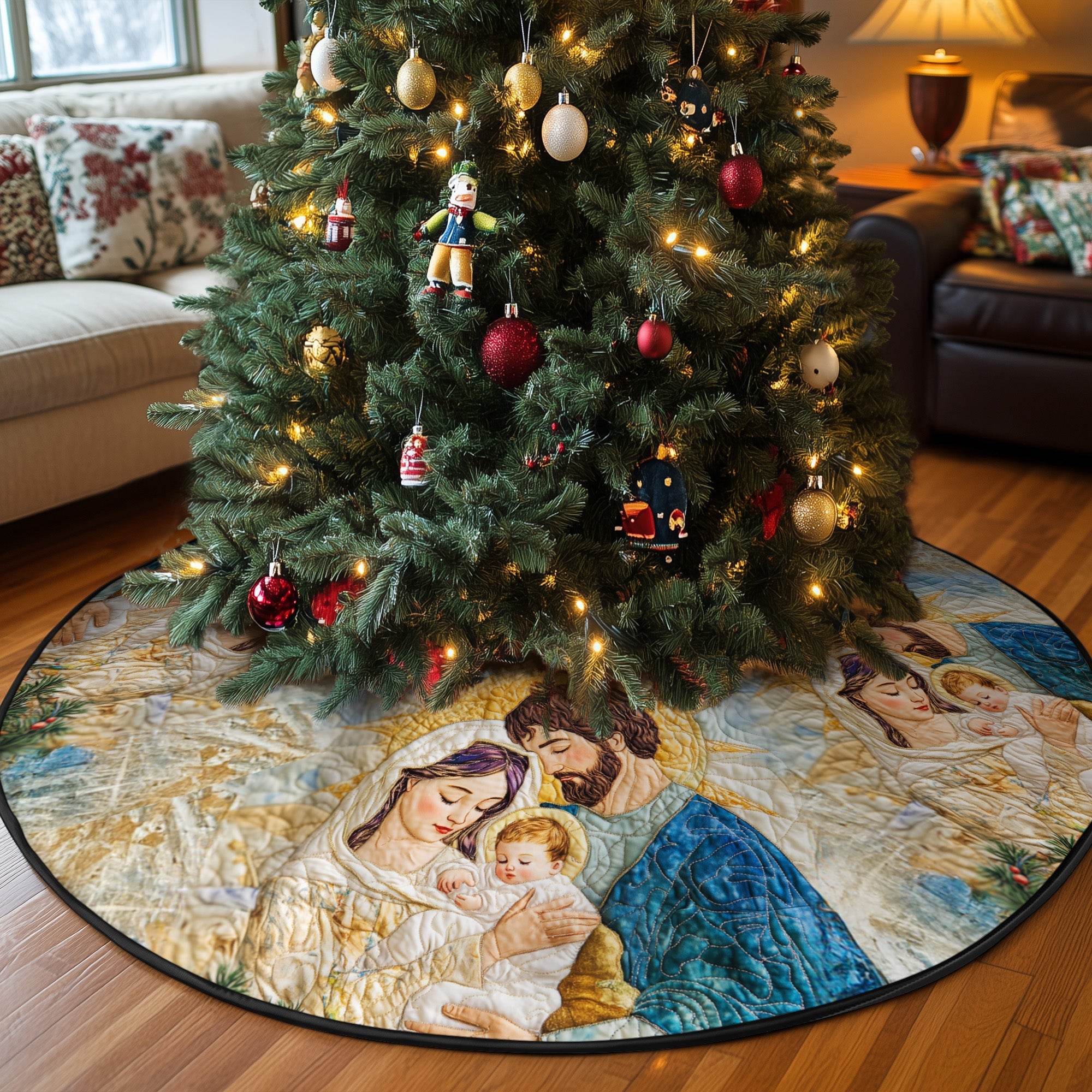 Tranquil Night Quilted Christmas Tree Skirt Lovely Gift Merch for a Festive Home