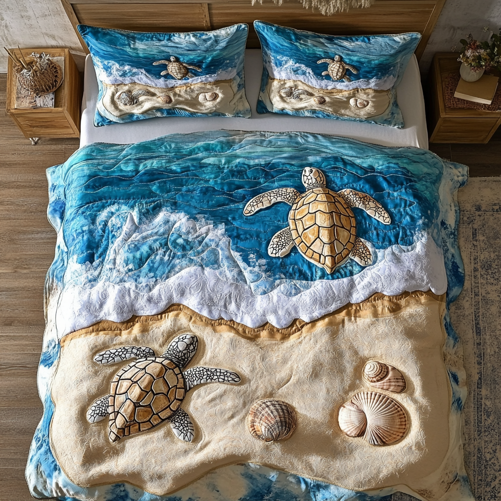 Tranquil Turtle Quilted Bedding Set Aesthetic Room Decor Sea Turtle Merchandise