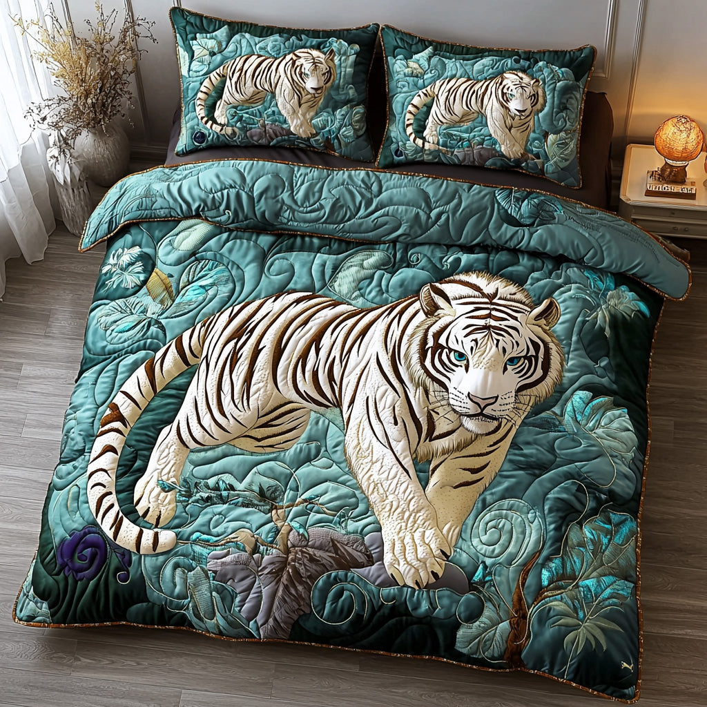 Tranquil White Tiger Quilted Bedding Set Bedspread Set Tiger Gifts For Dad