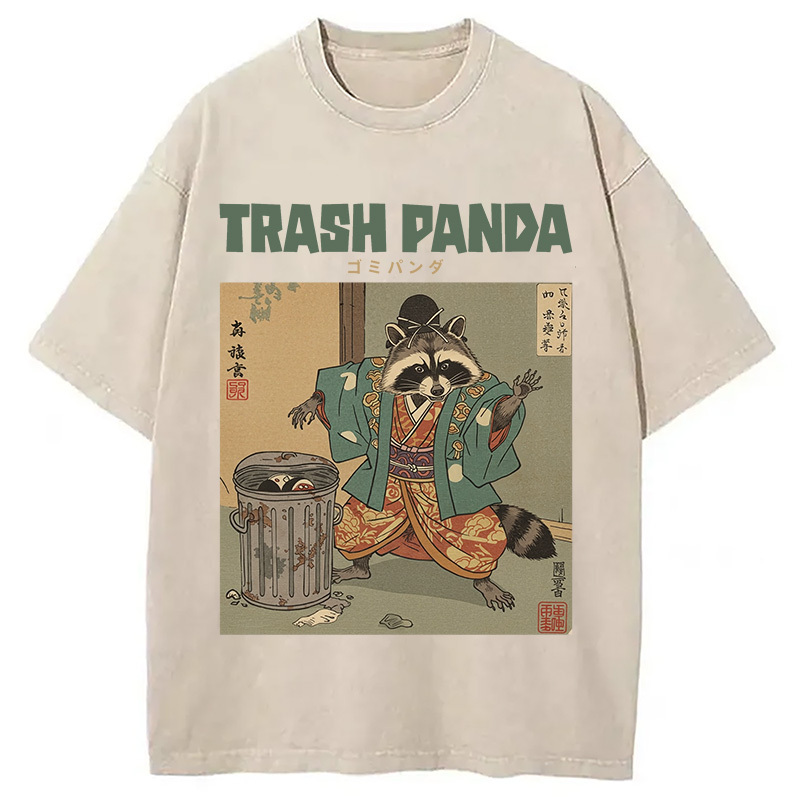 Trash Panda Traditional Japanese Meme Washed T-Shirt Minimal Retro Graphic Clothing Gifts For Him