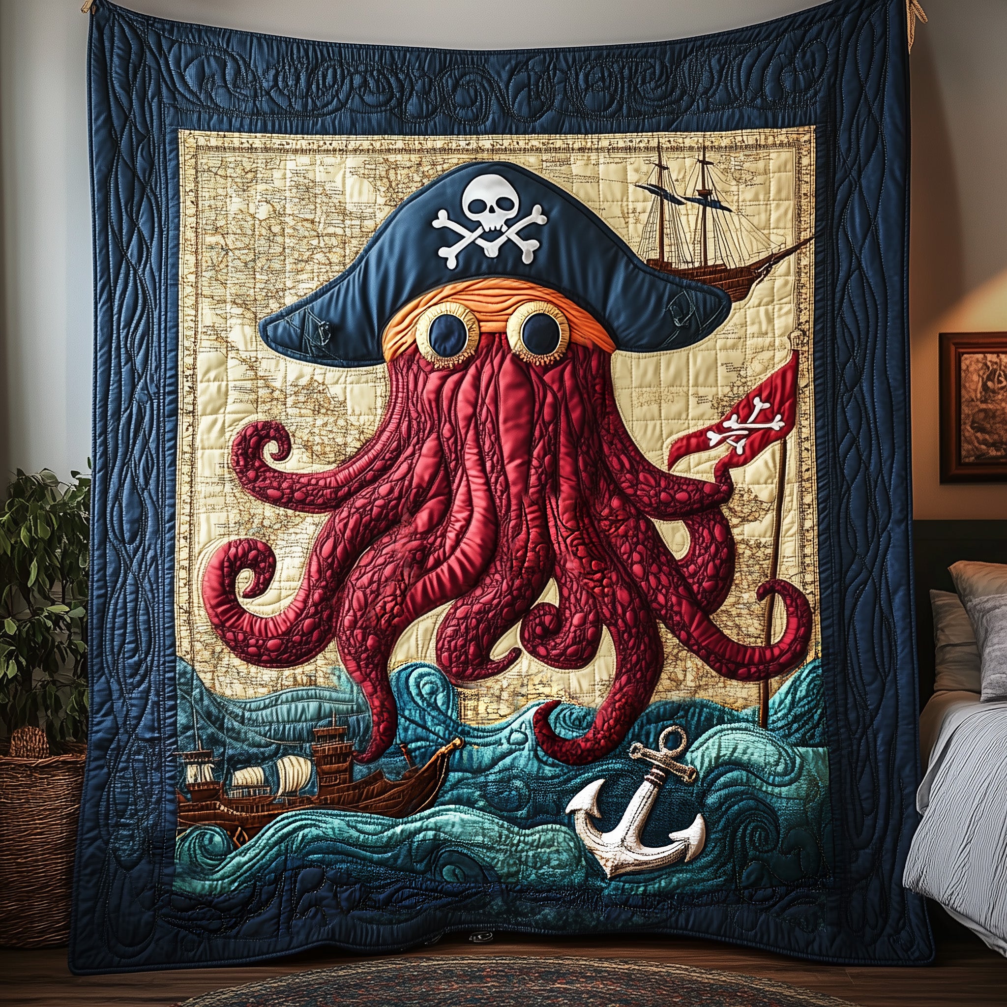 Treasure Hunter Quilted Blanket Nice Throw BlanketOctopus Novelty Gifts