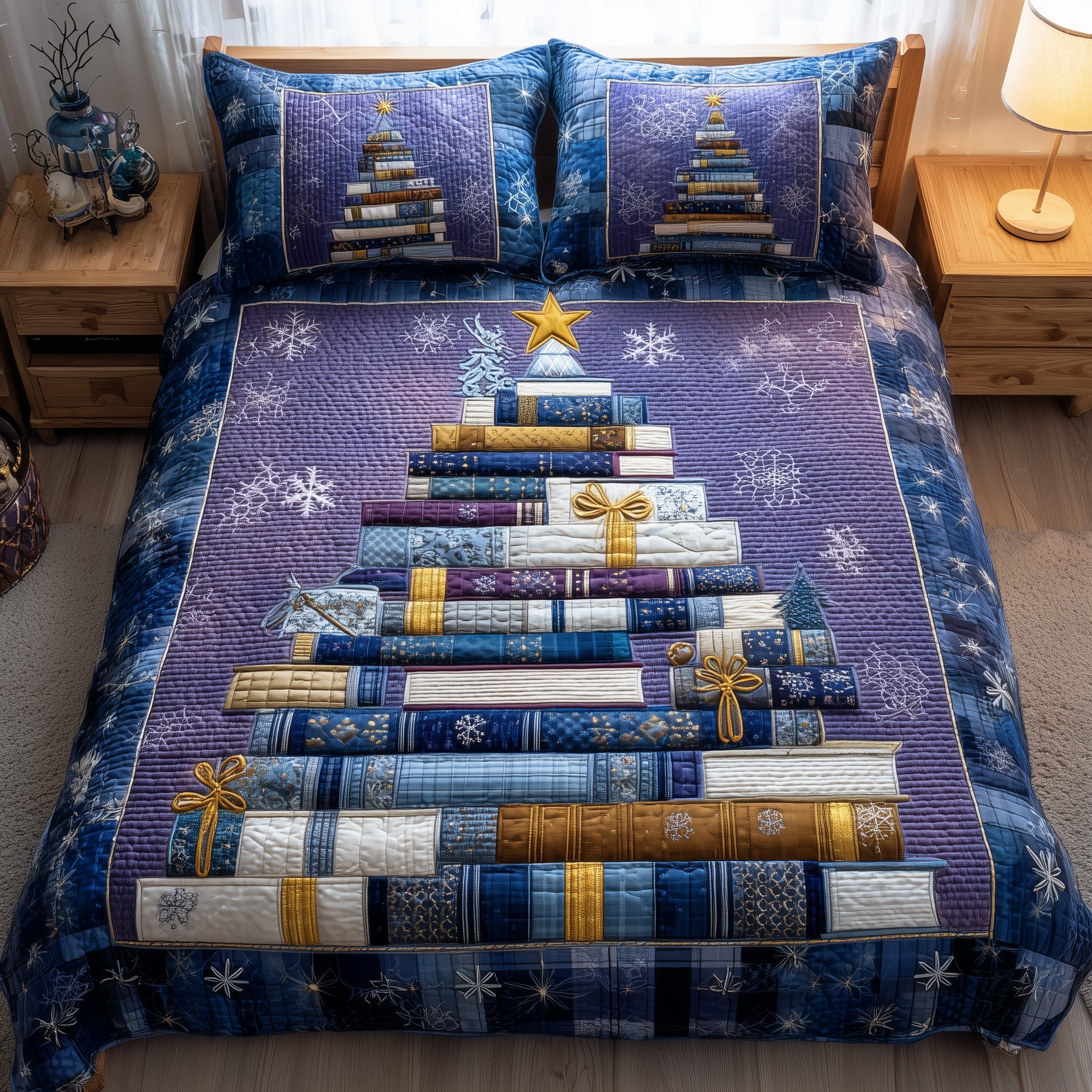 Tree Of Books Christmas Quilted Bedding Set Duvet Cover Bedspread Christmas Presents For Book Lovers