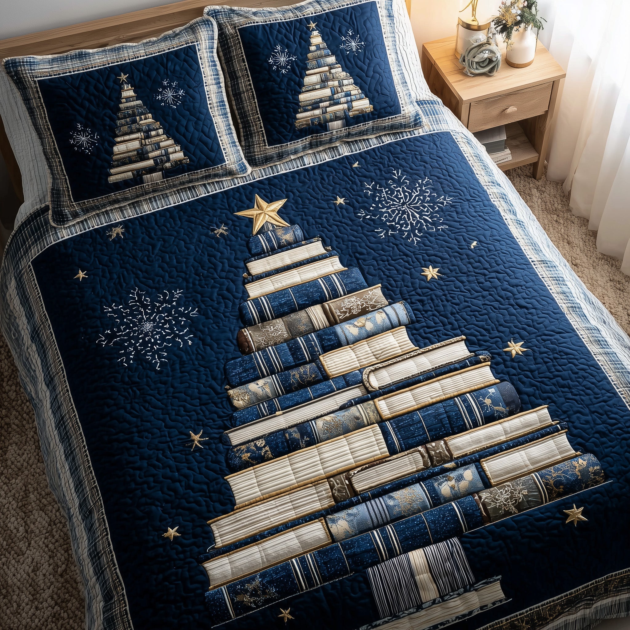 Tree Of Books Christmas Quilted Bedding Set Duvet Cover Bedspread Xmas Holiday Presents
