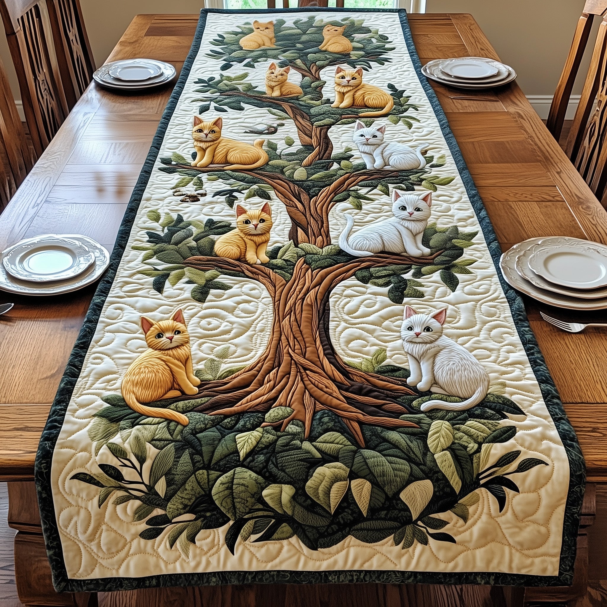 Tree Of Cats Quilted Table Runner Christmas Dining Table Runner
