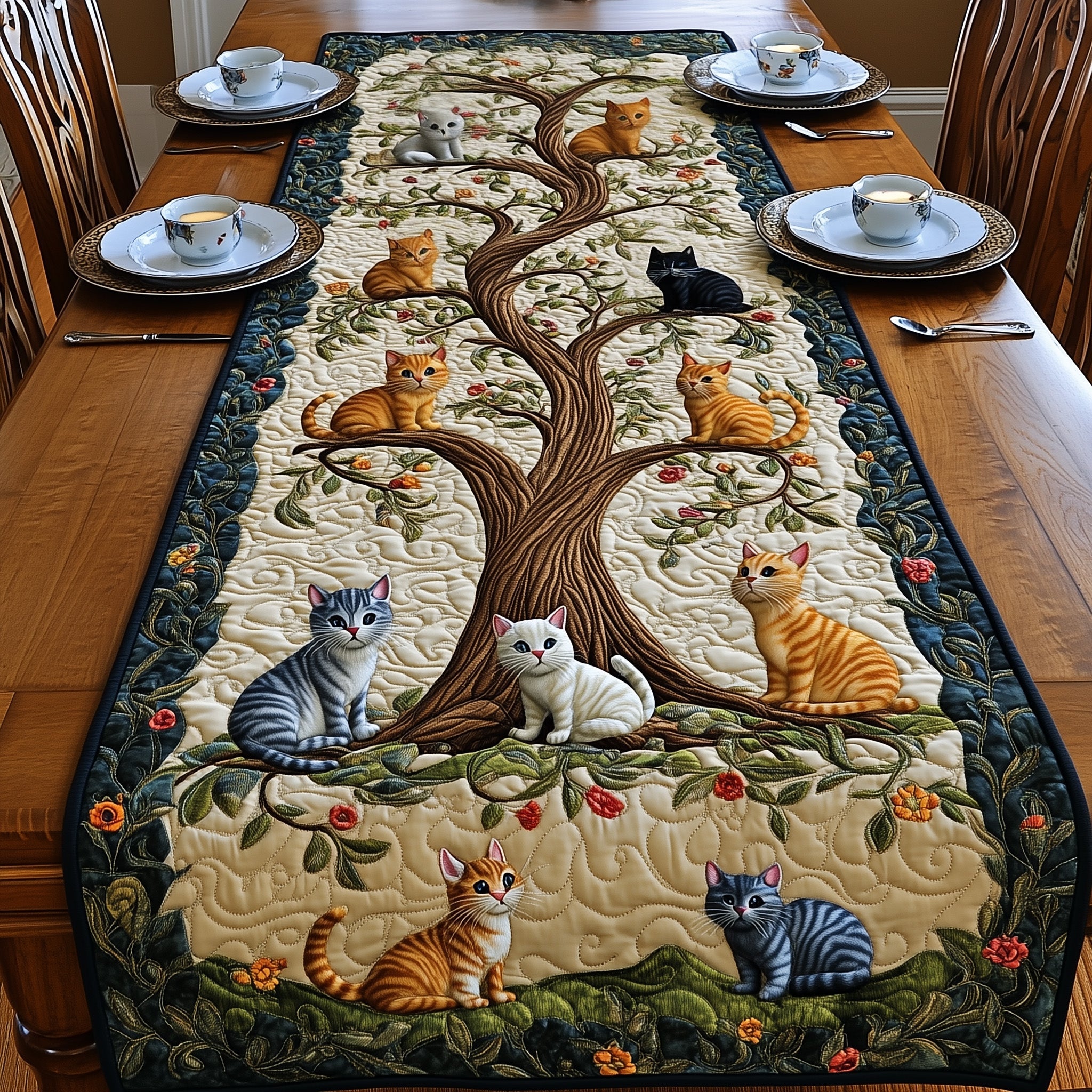 Tree Of Cats Quilted Table Runner Christmas Table Runner Decoration