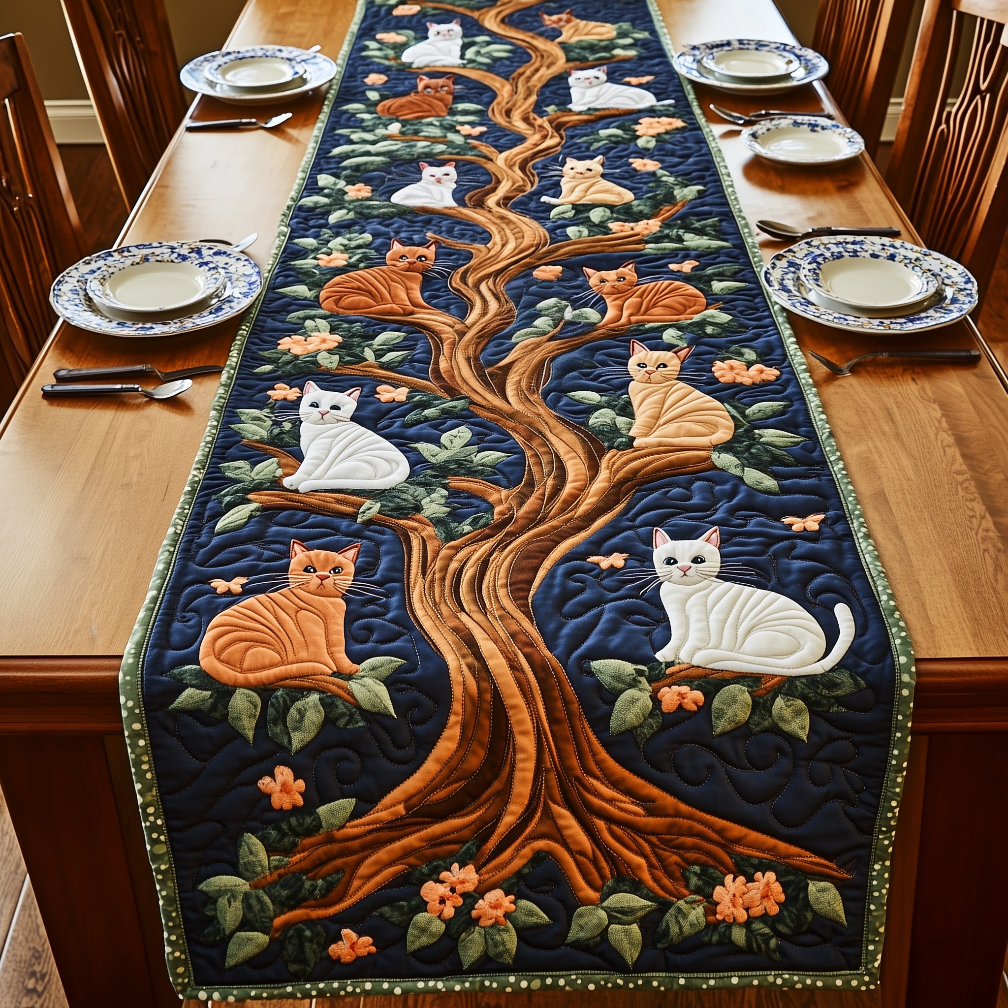 Tree Of Cats Quilted Table Runner Christmas Table Runner for Dining Room