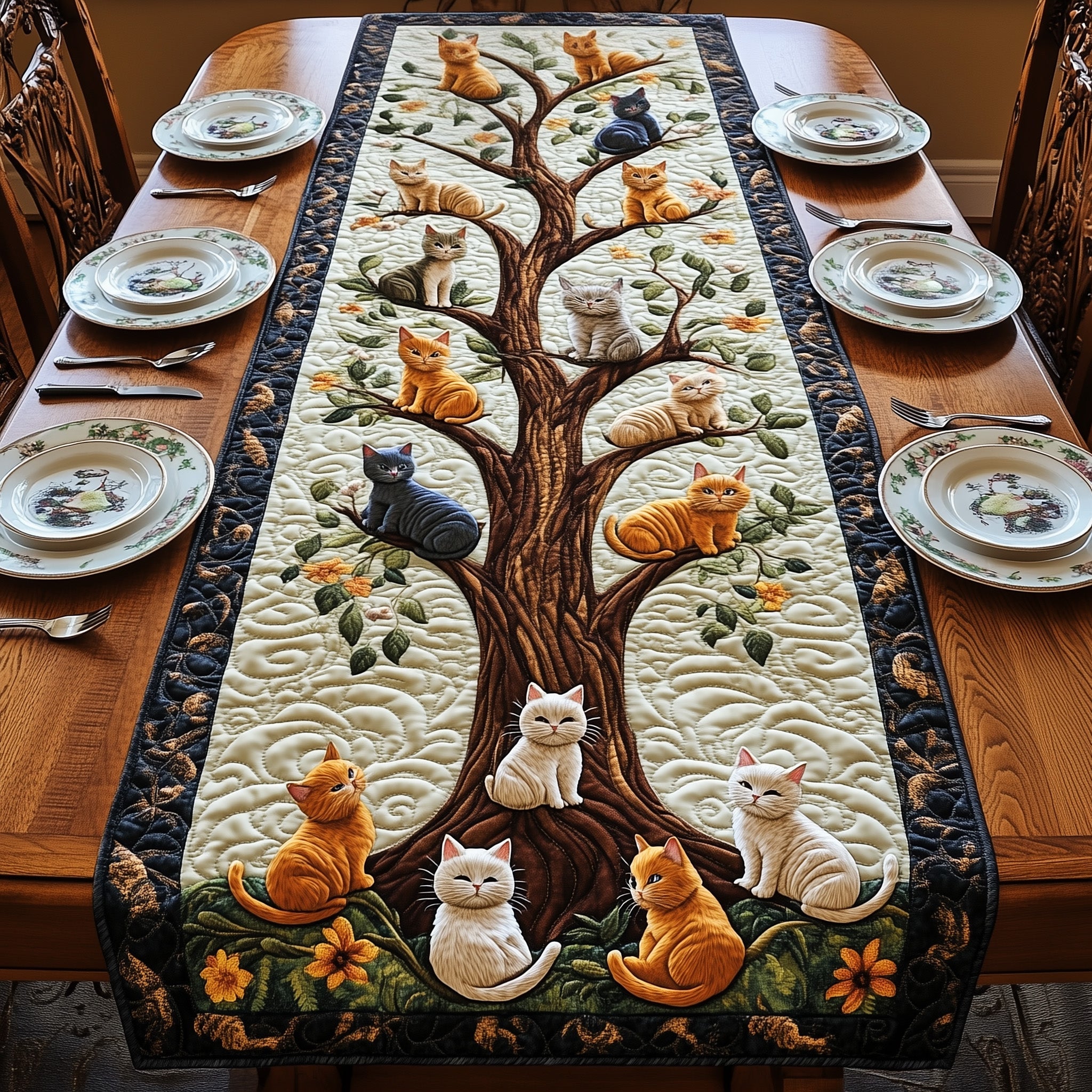 Tree Of Cats Quilted Table Runner Christmas Theme Table Runner