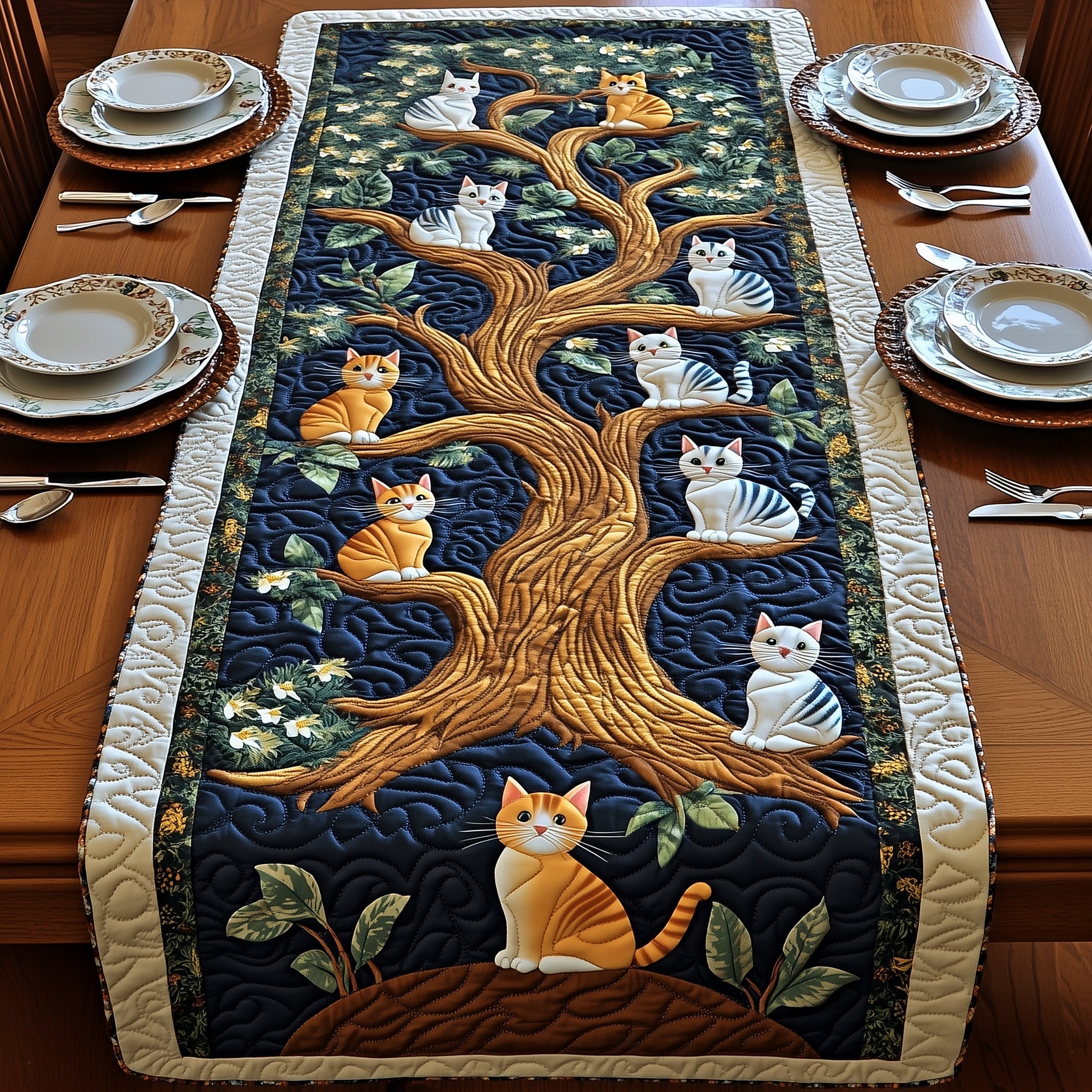 Tree Of Cats Quilted Table Runner Cozy Winter Table Runner for Home