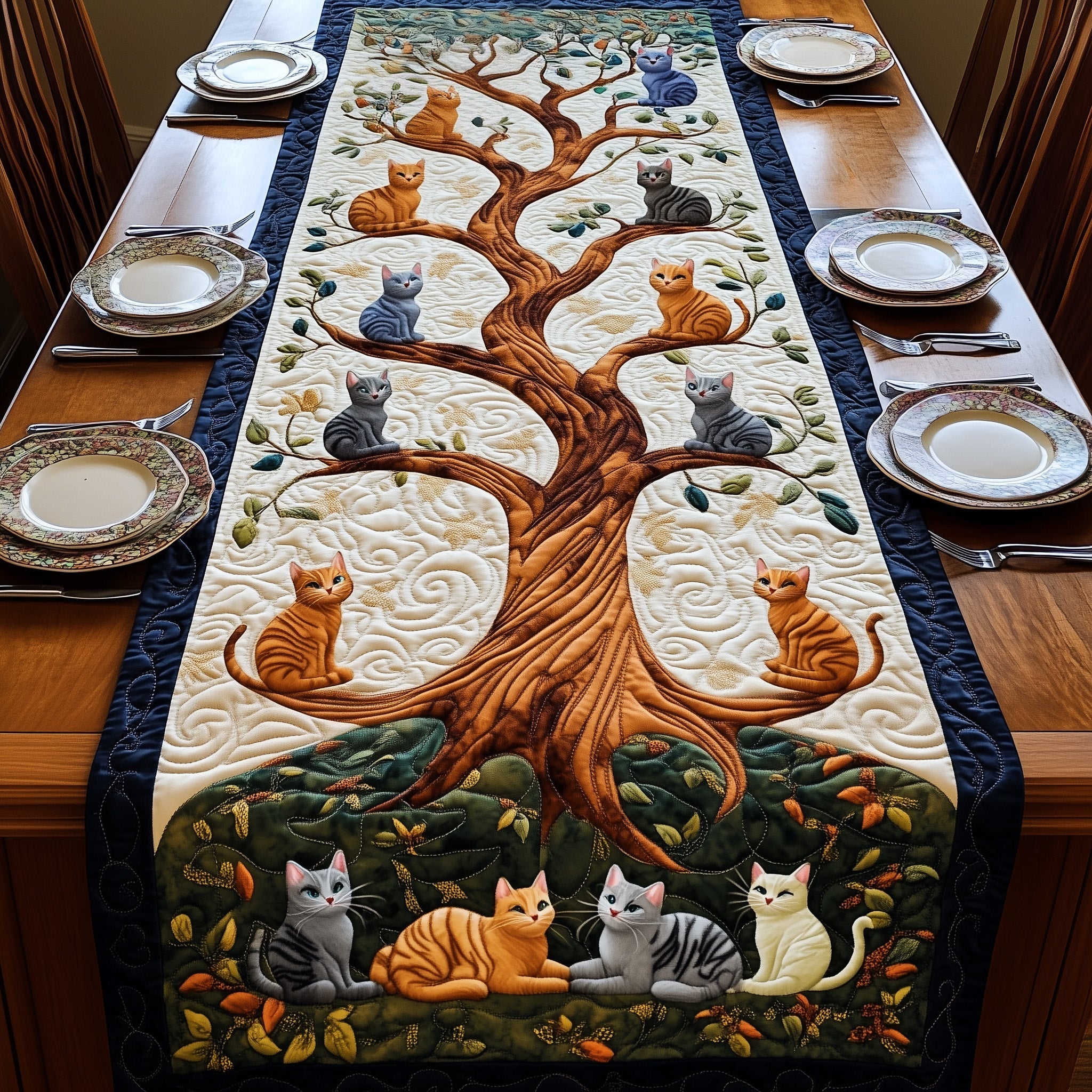 Tree Of Cats Quilted Table Runner Elegant Christmas Table Runner