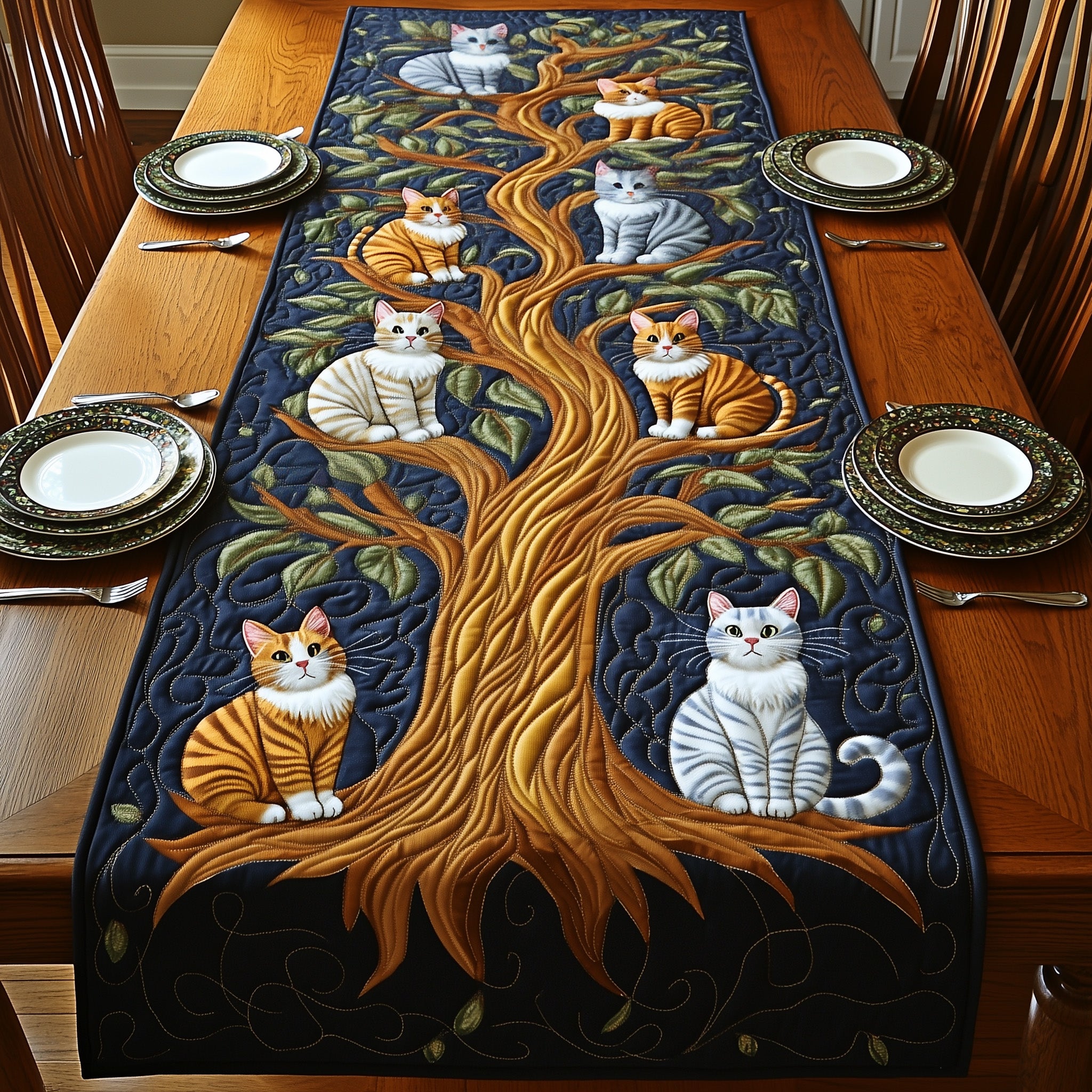 Tree Of Cats Quilted Table Runner Festive Holiday Table Runner Decor