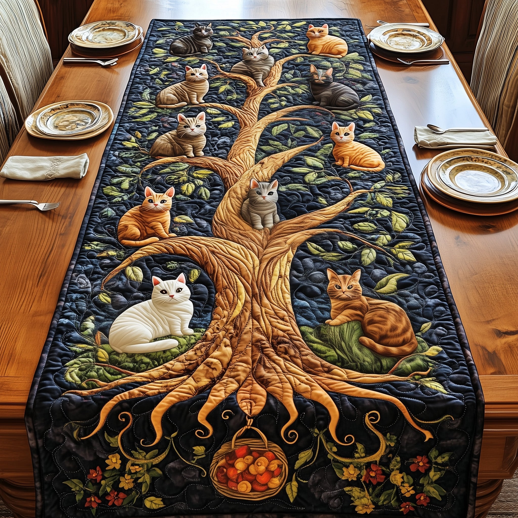 Tree Of Cats Quilted Table Runner Holiday Dinner Table Runner