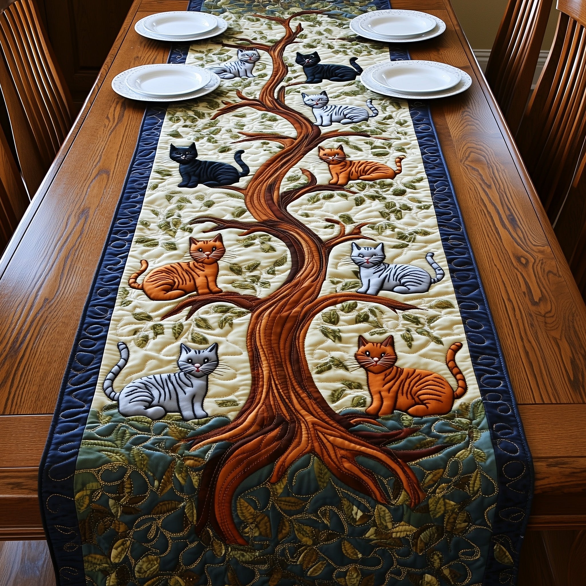 Tree Of Cats Quilted Table Runner Holiday Party Table Runner